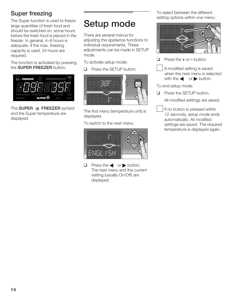 Setup mode, Super freezing | Thermador BOTTOM FREEZER 9000189698 User Manual | Page 14 / 88