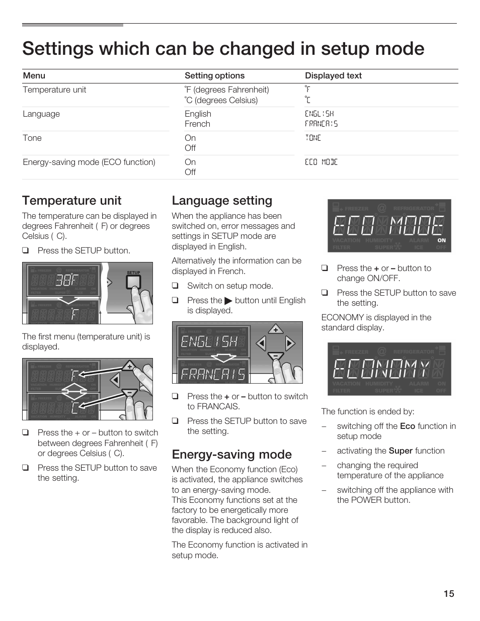 Settings which can be changed in setup mode, Temperature unit, Language setting | Energyćsaving mode | Thermador BOTTOM FREEZER 9000189698 User Manual | Page 15 / 88