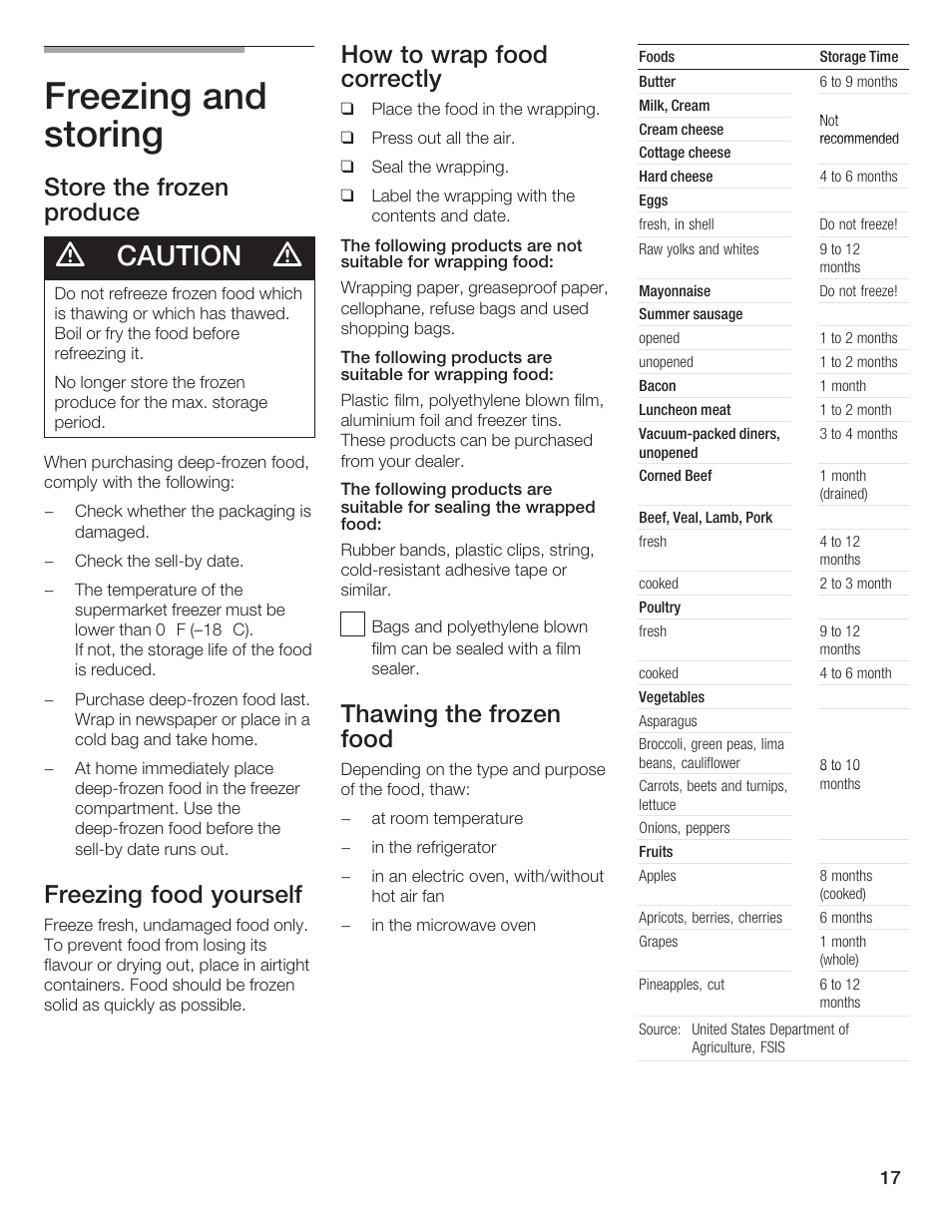 Freezing and storing, Caution, Store the frozen produce | Freezing food yourself, How to wrap food correctly, Thawing the frozen food | Thermador BOTTOM FREEZER 9000189698 User Manual | Page 17 / 88