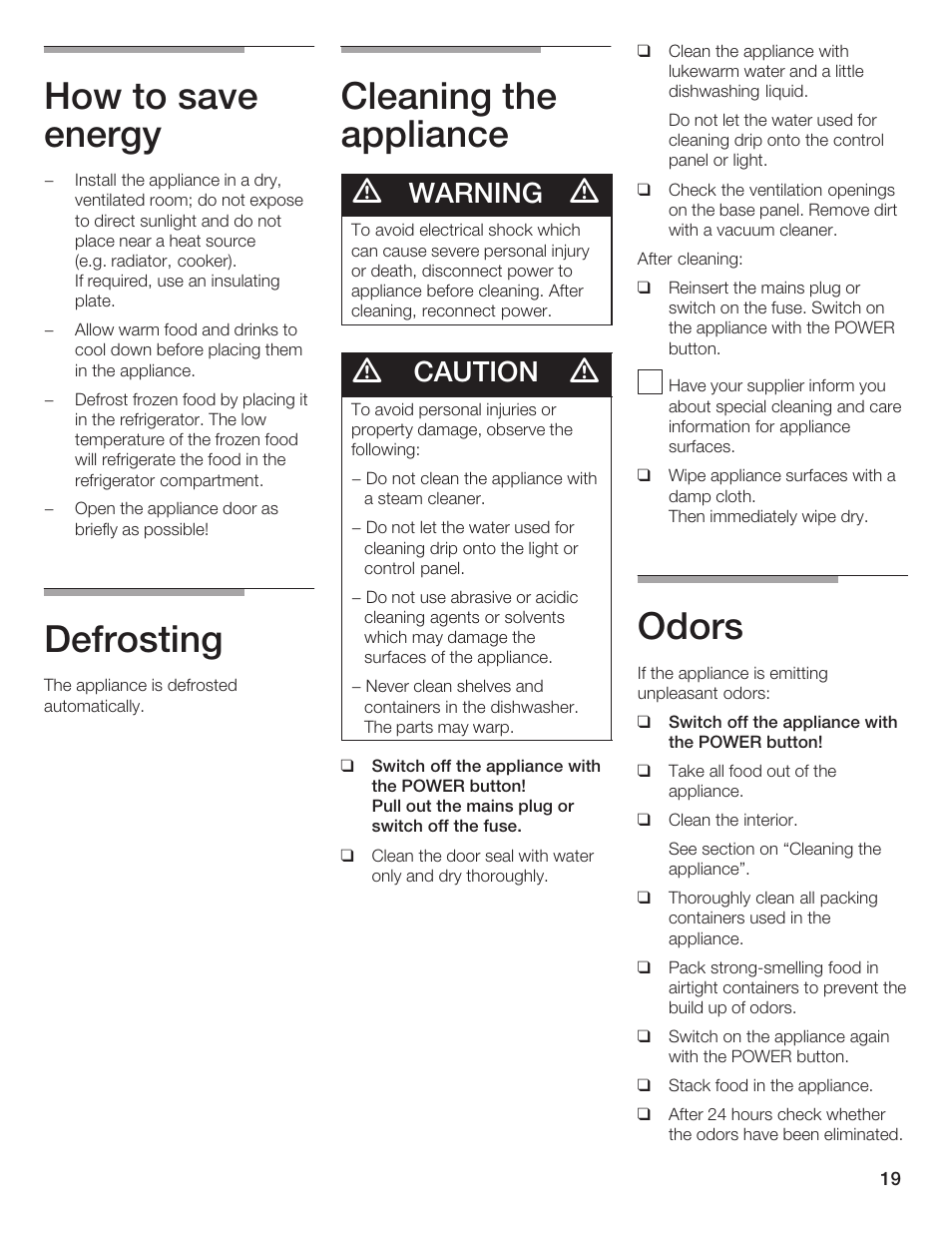 How to save energy, Defrosting, Cleaning the appliance | Odors, Warning, Caution | Thermador BOTTOM FREEZER 9000189698 User Manual | Page 19 / 88