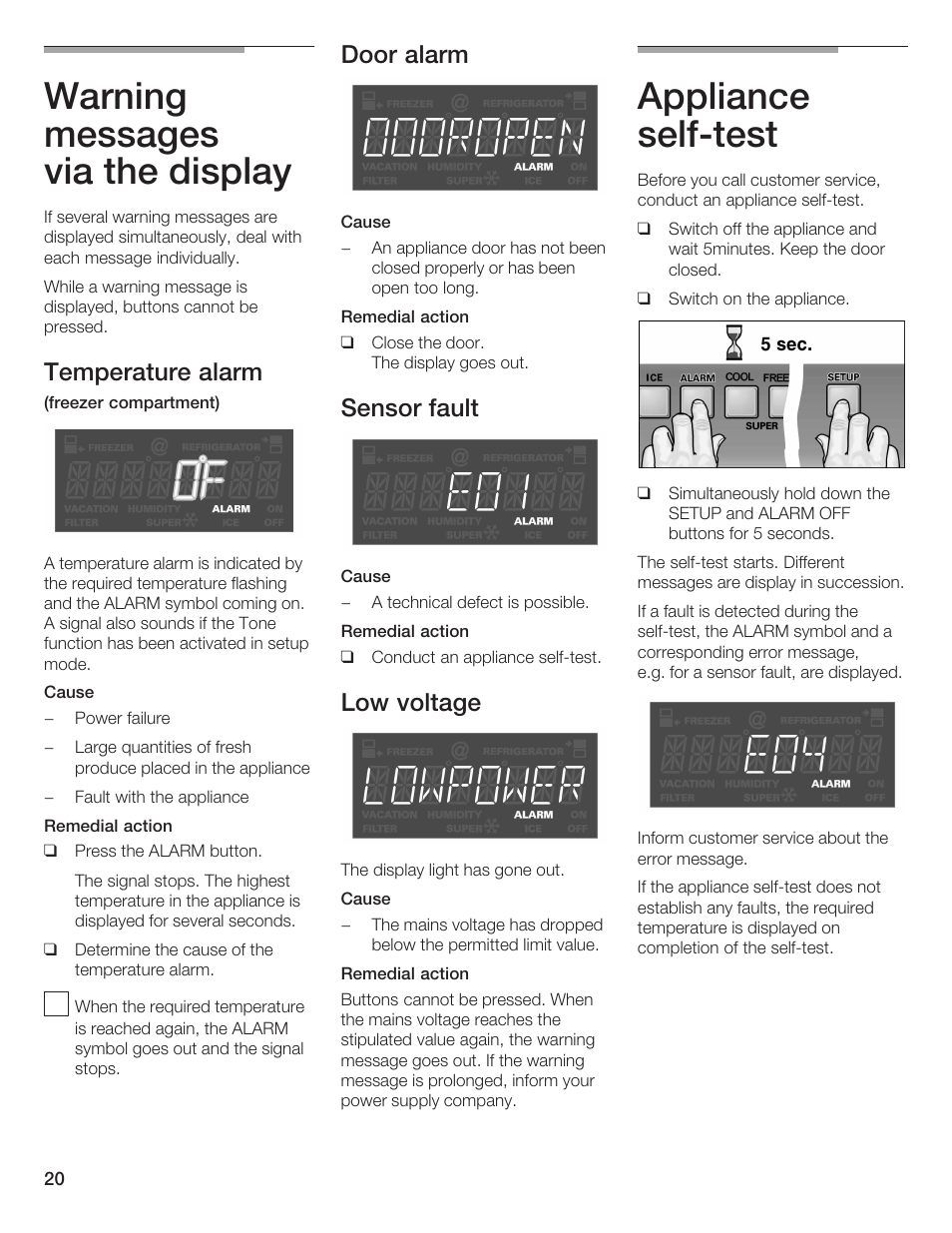 Warning messages via the display, Appliance selfćtest, Temperature alarm | Door alarm, Sensor fault, Low voltage | Thermador BOTTOM FREEZER 9000189698 User Manual | Page 20 / 88