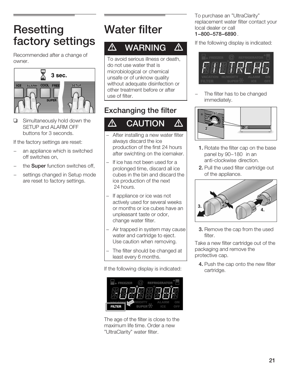 Resetting factory settings, Water filter, Warning | Caution, Exchanging the filter | Thermador BOTTOM FREEZER 9000189698 User Manual | Page 21 / 88