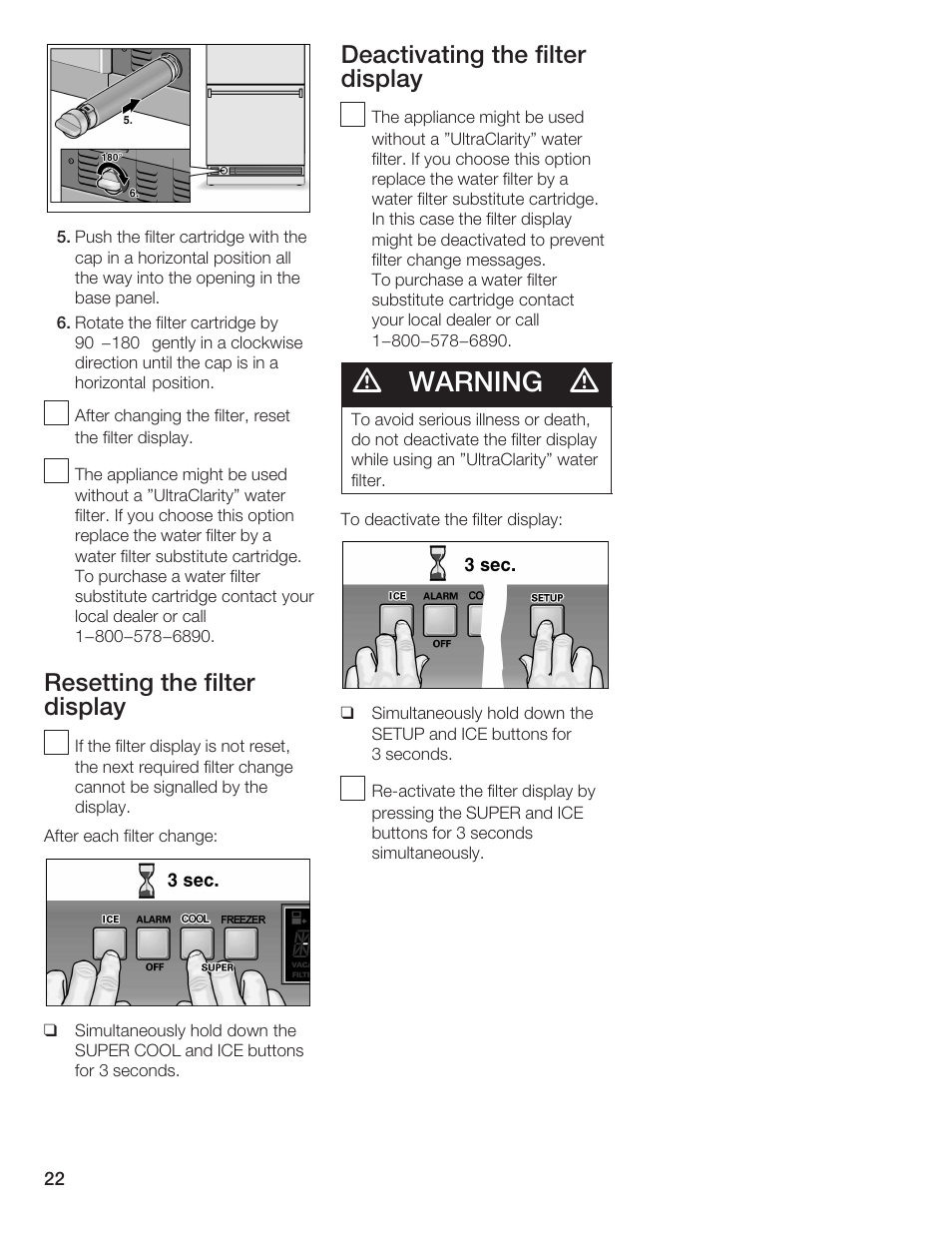 Warning, Resetting the filter display, Deactivating the filter display | Thermador BOTTOM FREEZER 9000189698 User Manual | Page 22 / 88