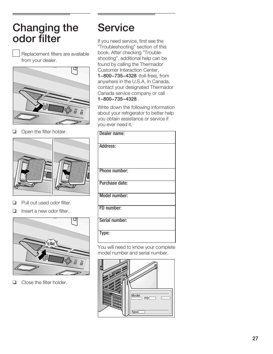 Changing the odor filter, Service | Thermador BOTTOM FREEZER 9000189698 User Manual | Page 27 / 88