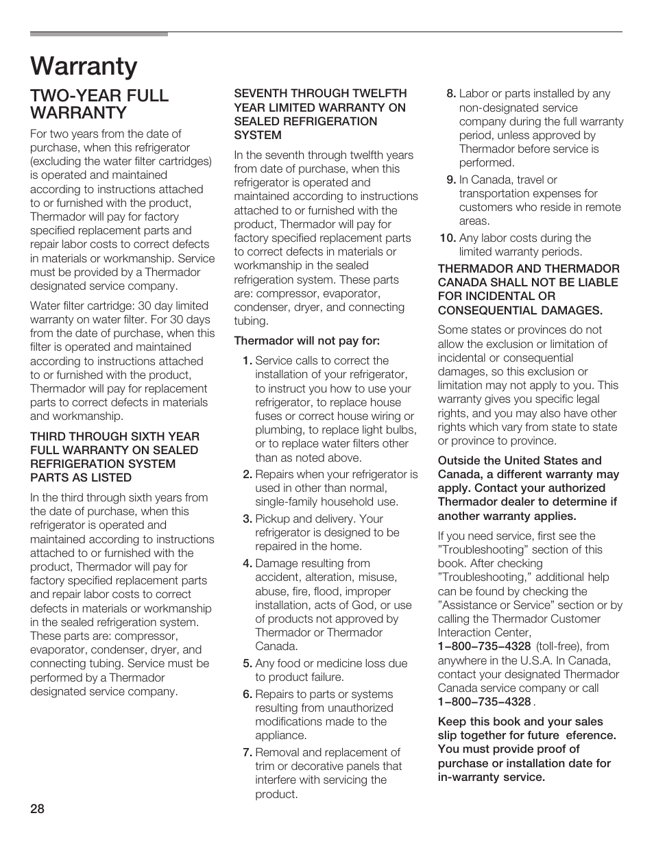 Warranty, Twoćyear full warranty | Thermador BOTTOM FREEZER 9000189698 User Manual | Page 28 / 88
