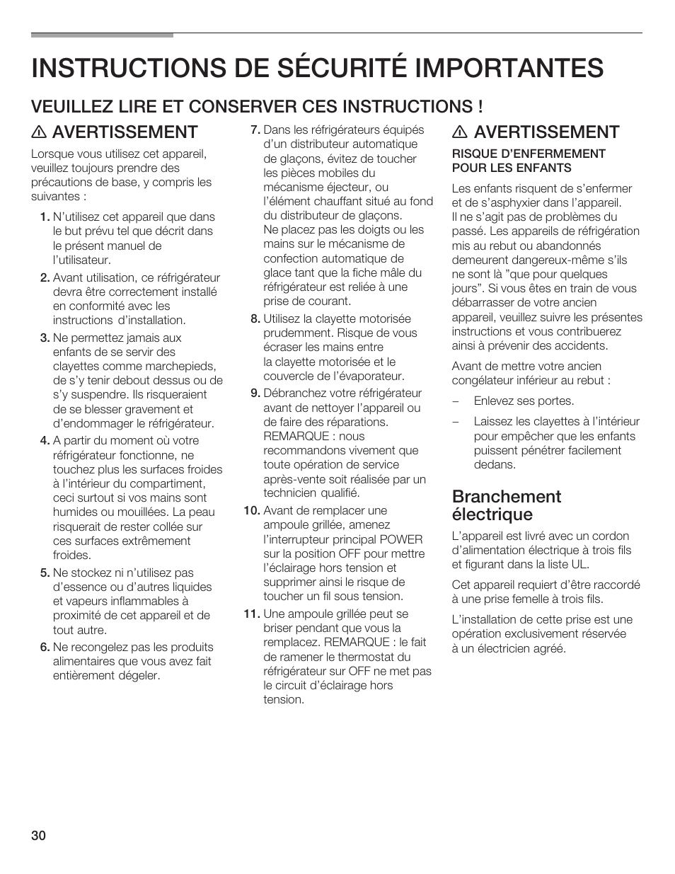 Instructions de sécurité importantes, E avertissement, Branchement électrique | Thermador BOTTOM FREEZER 9000189698 User Manual | Page 30 / 88