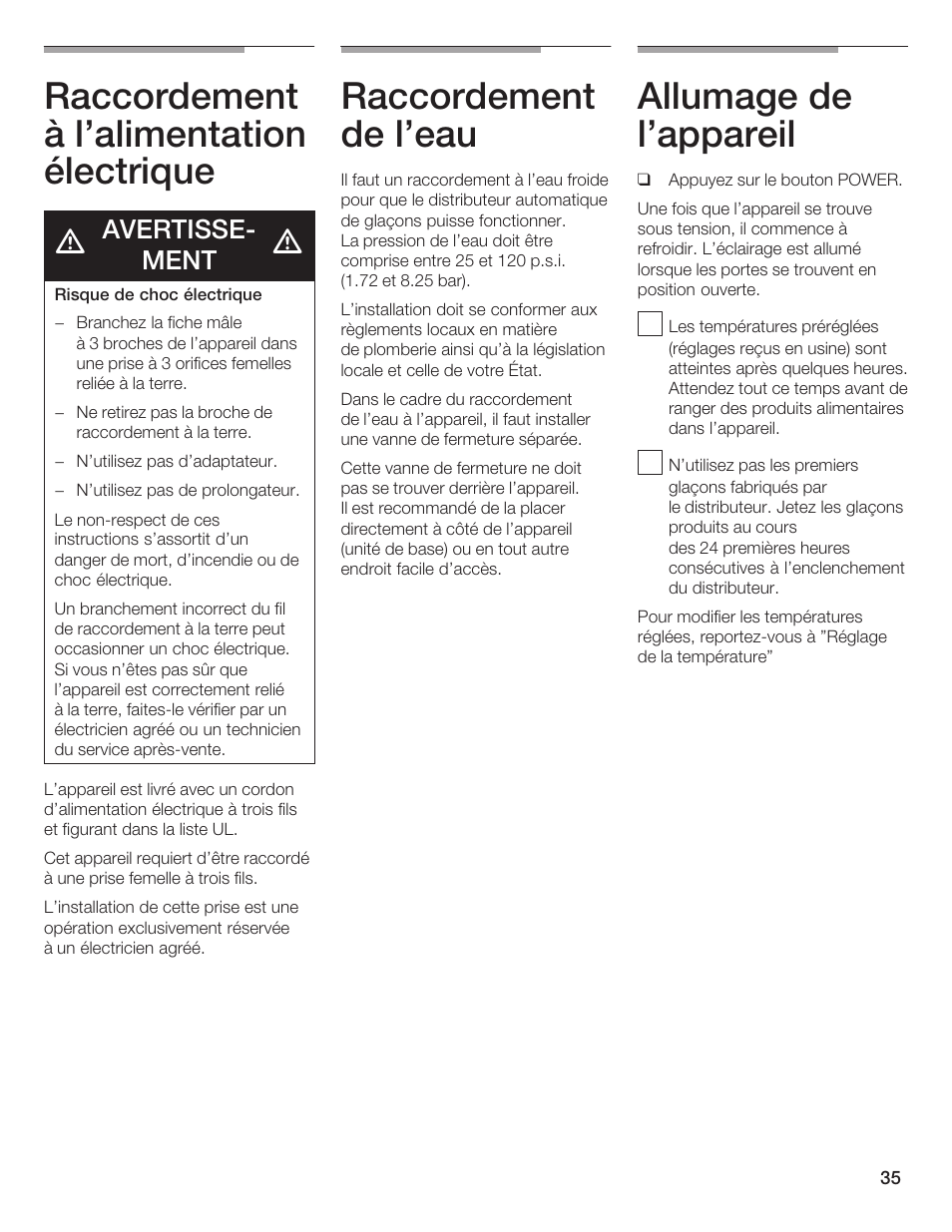 Raccordement à l'alimentation électrique, Raccordement de l'eau, Allumage de l'appareil | Avertisseć ment | Thermador BOTTOM FREEZER 9000189698 User Manual | Page 35 / 88