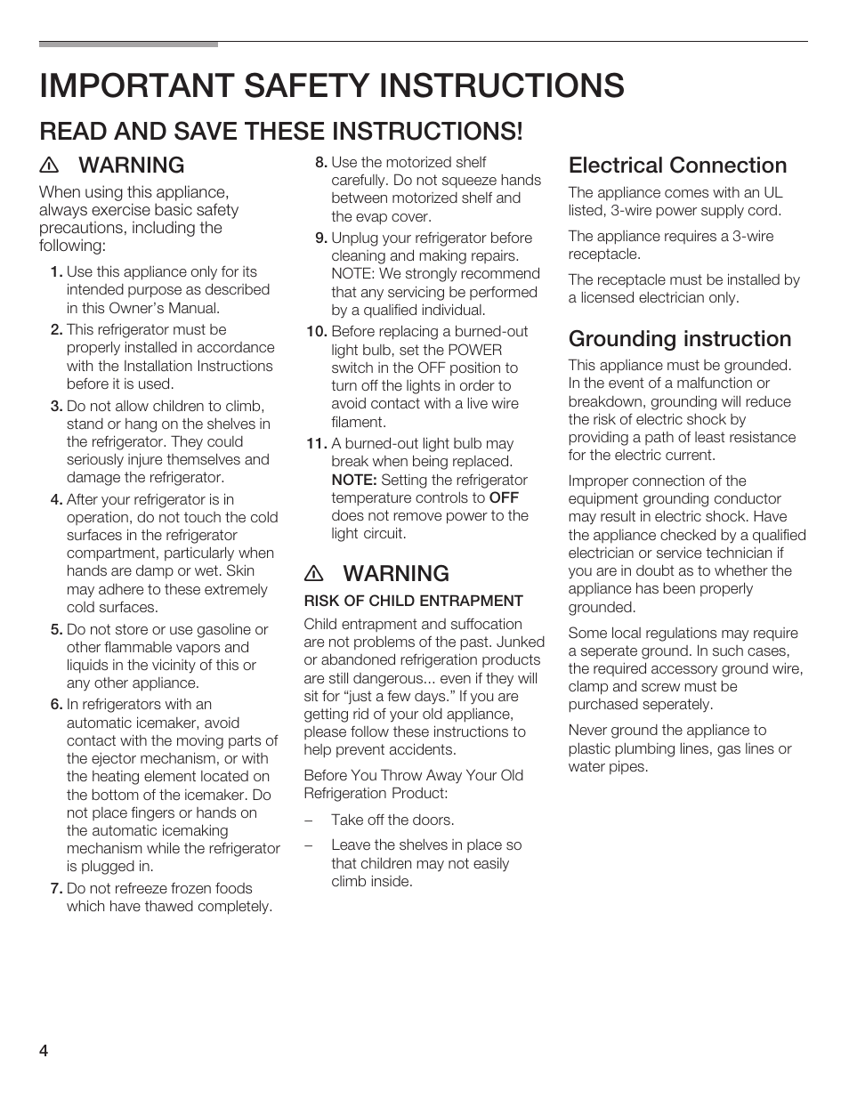 Important safety instructions, Read and save these instructions, E warning | Electrical connection, Grounding instruction | Thermador BOTTOM FREEZER 9000189698 User Manual | Page 4 / 88