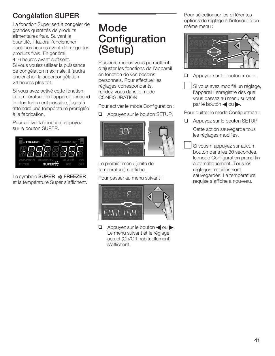 Mode configuration (setup), Congélation super | Thermador BOTTOM FREEZER 9000189698 User Manual | Page 41 / 88