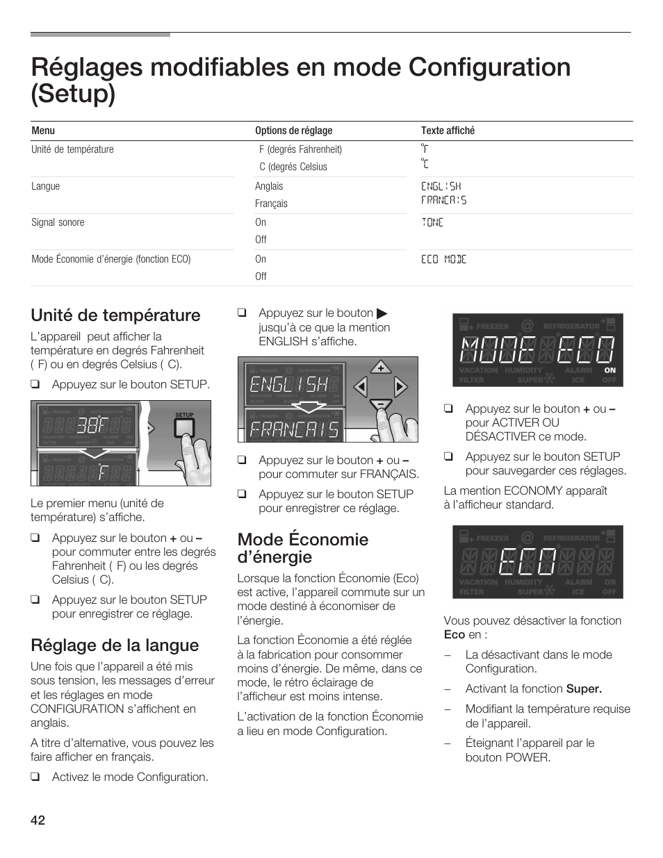 Réglages modifiables en mode configuration (setup), Unité de température, Réglage de la langue | Mode économie d'énergie | Thermador BOTTOM FREEZER 9000189698 User Manual | Page 42 / 88