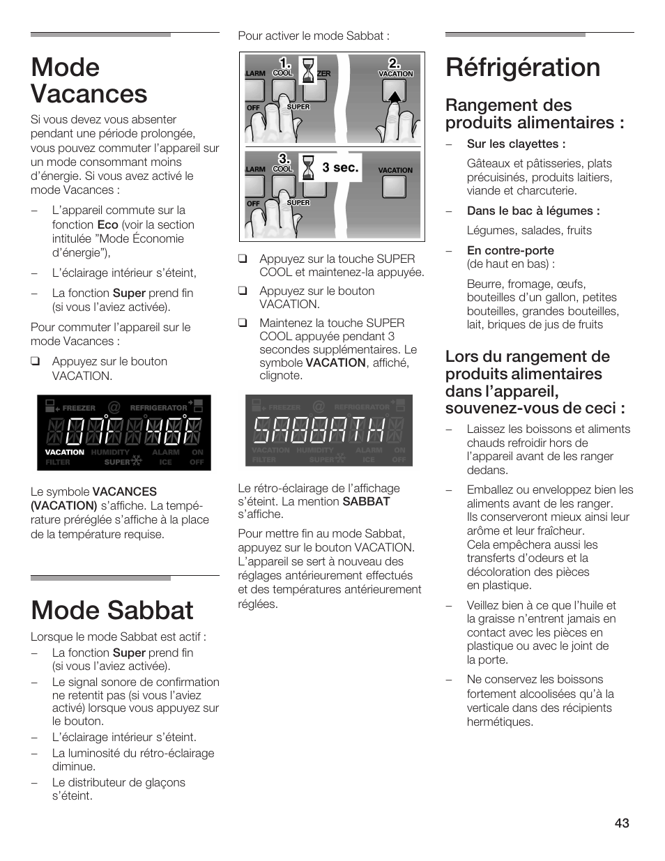 Mode vacances, Mode sabbat, Réfrigération | Rangement des produits alimentaires | Thermador BOTTOM FREEZER 9000189698 User Manual | Page 43 / 88