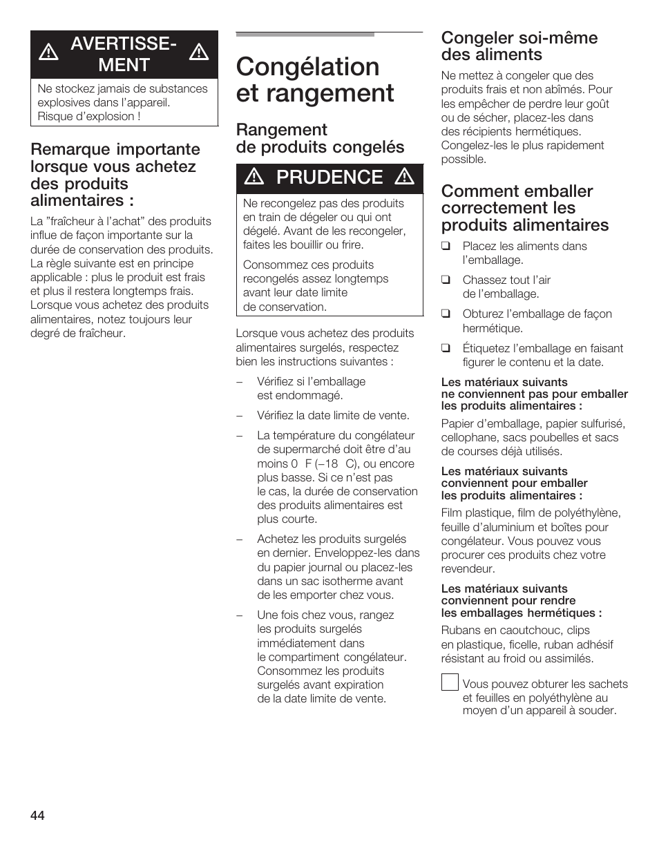 Congélation et rangement, Prudence, Avertisseć ment | Rangement de produits congelés, Congeler soićmême des aliments | Thermador BOTTOM FREEZER 9000189698 User Manual | Page 44 / 88