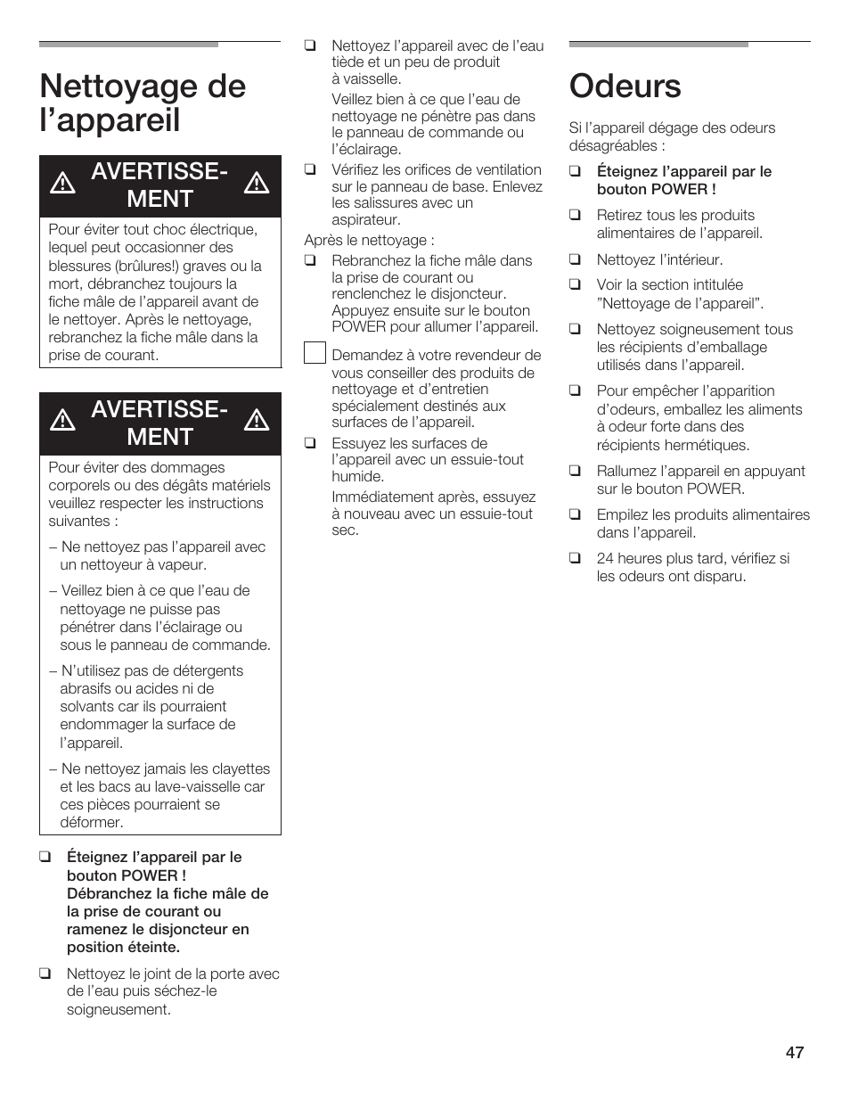 Nettoyage de l'appareil, Odeurs, Avertisseć ment | Thermador BOTTOM FREEZER 9000189698 User Manual | Page 47 / 88