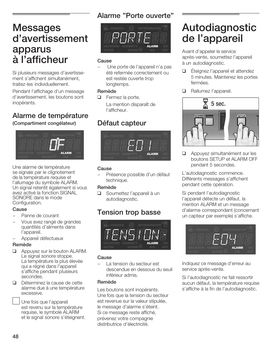 Autodiagnostic de l'appareil, Messages d'avertissement apparus à l'afficheur, Alarme de température | Alarme 