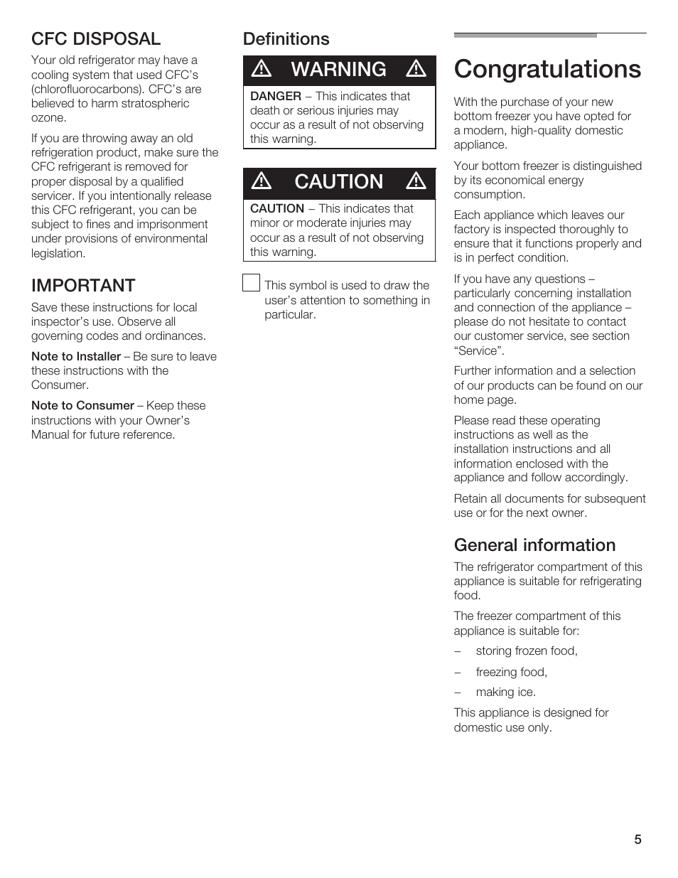 Warning, Caution, Cfc disposal | Important, Definitions, General information | Thermador BOTTOM FREEZER 9000189698 User Manual | Page 5 / 88