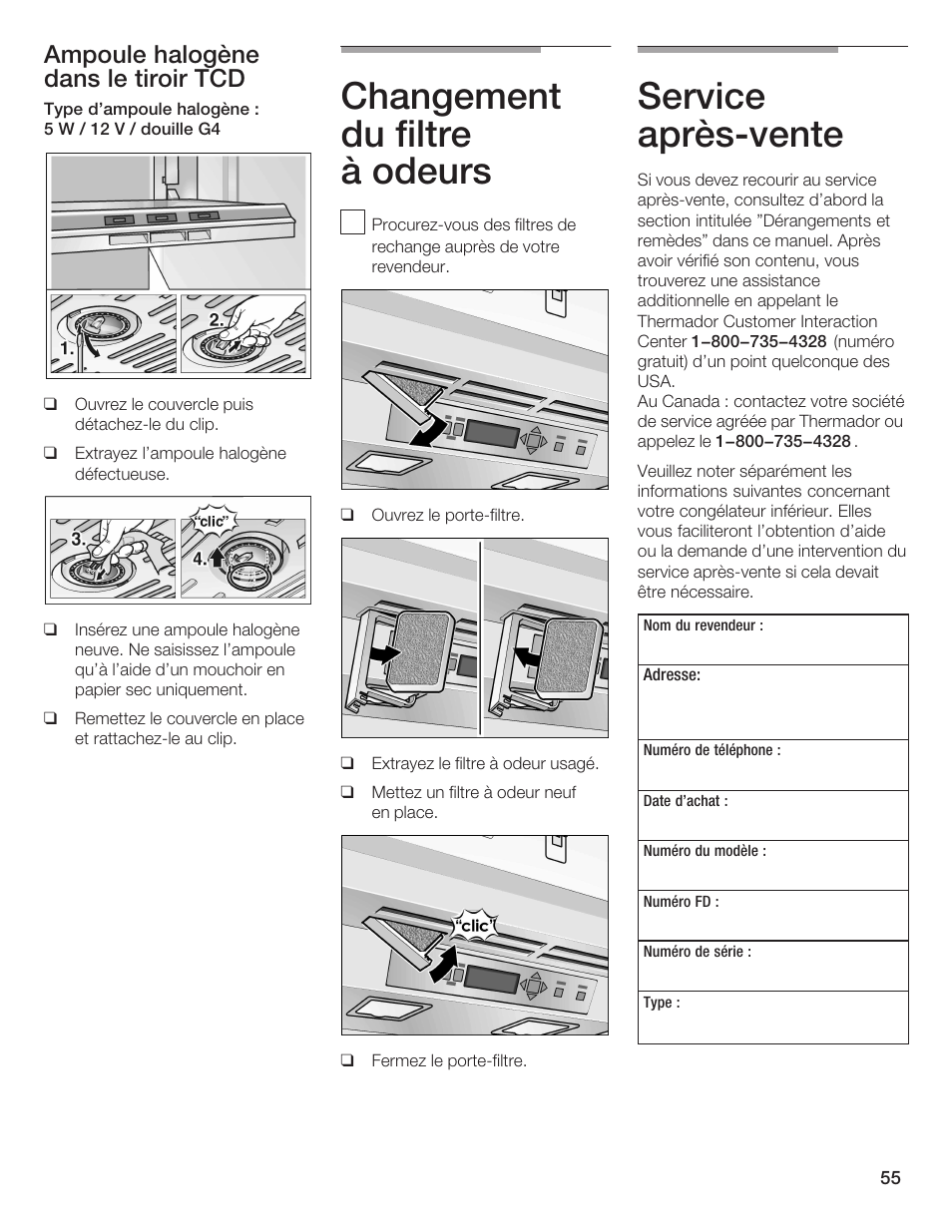 Changement du filtre à odeurs, Service aprèsćvente, Ampoule halogène dans le tiroir tcd | Thermador BOTTOM FREEZER 9000189698 User Manual | Page 55 / 88