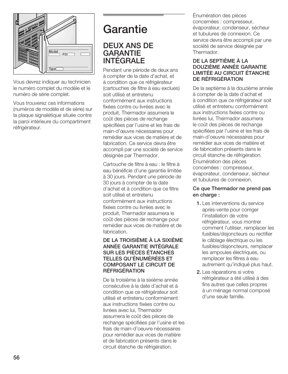 Garantie, Deux ans de garantie intégrale | Thermador BOTTOM FREEZER 9000189698 User Manual | Page 56 / 88