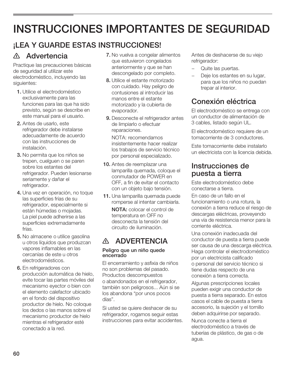 Instrucciones importantes de seguridad, Lea y guarde estas instrucciones! e advertencia, E advertencia | Conexión eléctrica, Instrucciones de puesta a tierra | Thermador BOTTOM FREEZER 9000189698 User Manual | Page 60 / 88