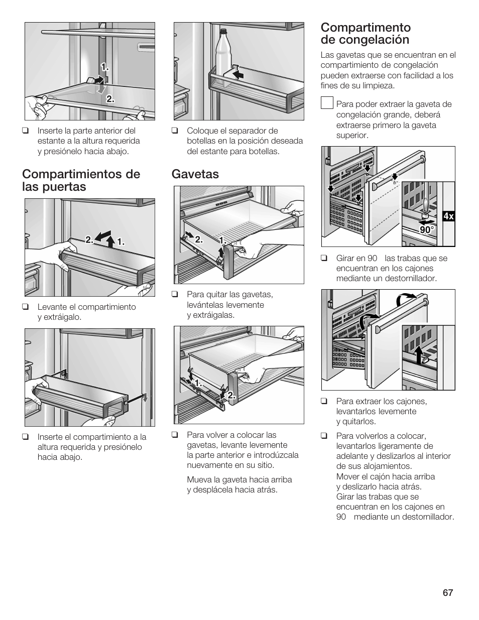 Compartimientos de las puertas, Gavetas, Compartimento de congelación | Thermador BOTTOM FREEZER 9000189698 User Manual | Page 67 / 88