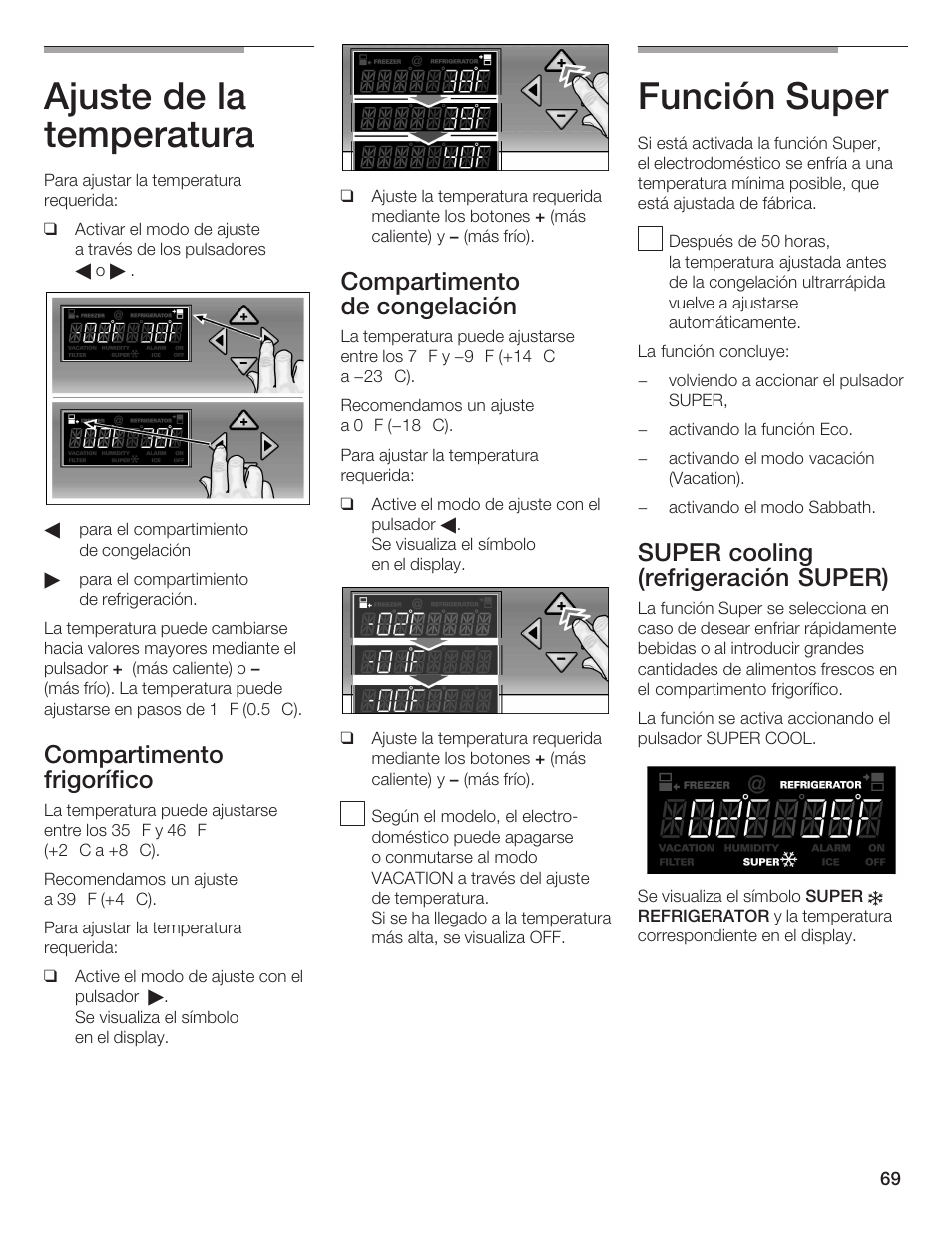 Ajuste de la temperatura, Función super, Compartimento frigorífico | Compartimento de congelación, Super cooling (refrigeración super) | Thermador BOTTOM FREEZER 9000189698 User Manual | Page 69 / 88