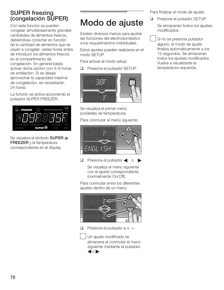 Modo de ajuste, Super freezing (congelación super) | Thermador BOTTOM FREEZER 9000189698 User Manual | Page 70 / 88