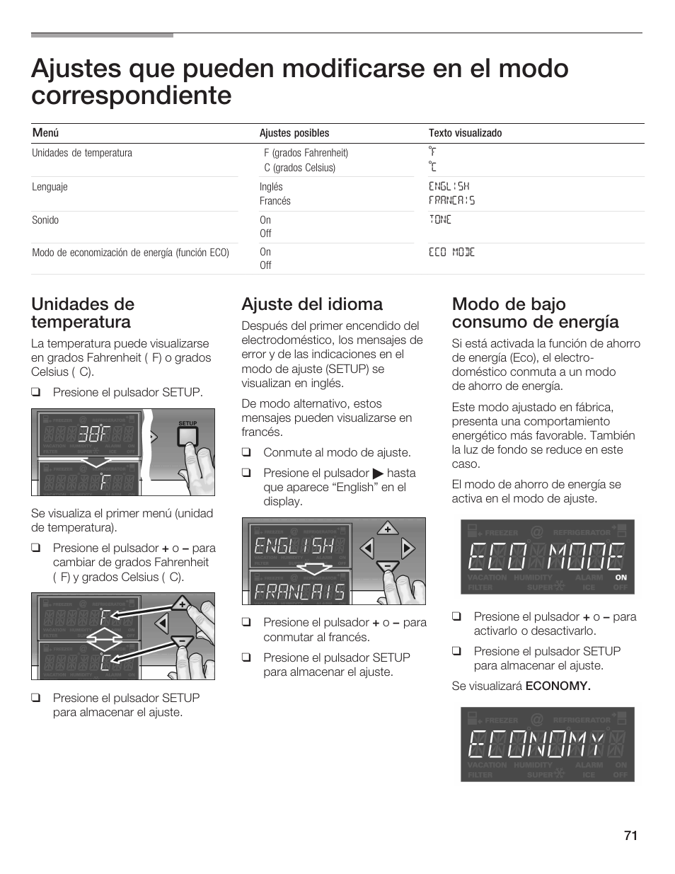 Unidades de temperatura, Ajuste del idioma, Modo de bajo consumo de energía | Thermador BOTTOM FREEZER 9000189698 User Manual | Page 71 / 88