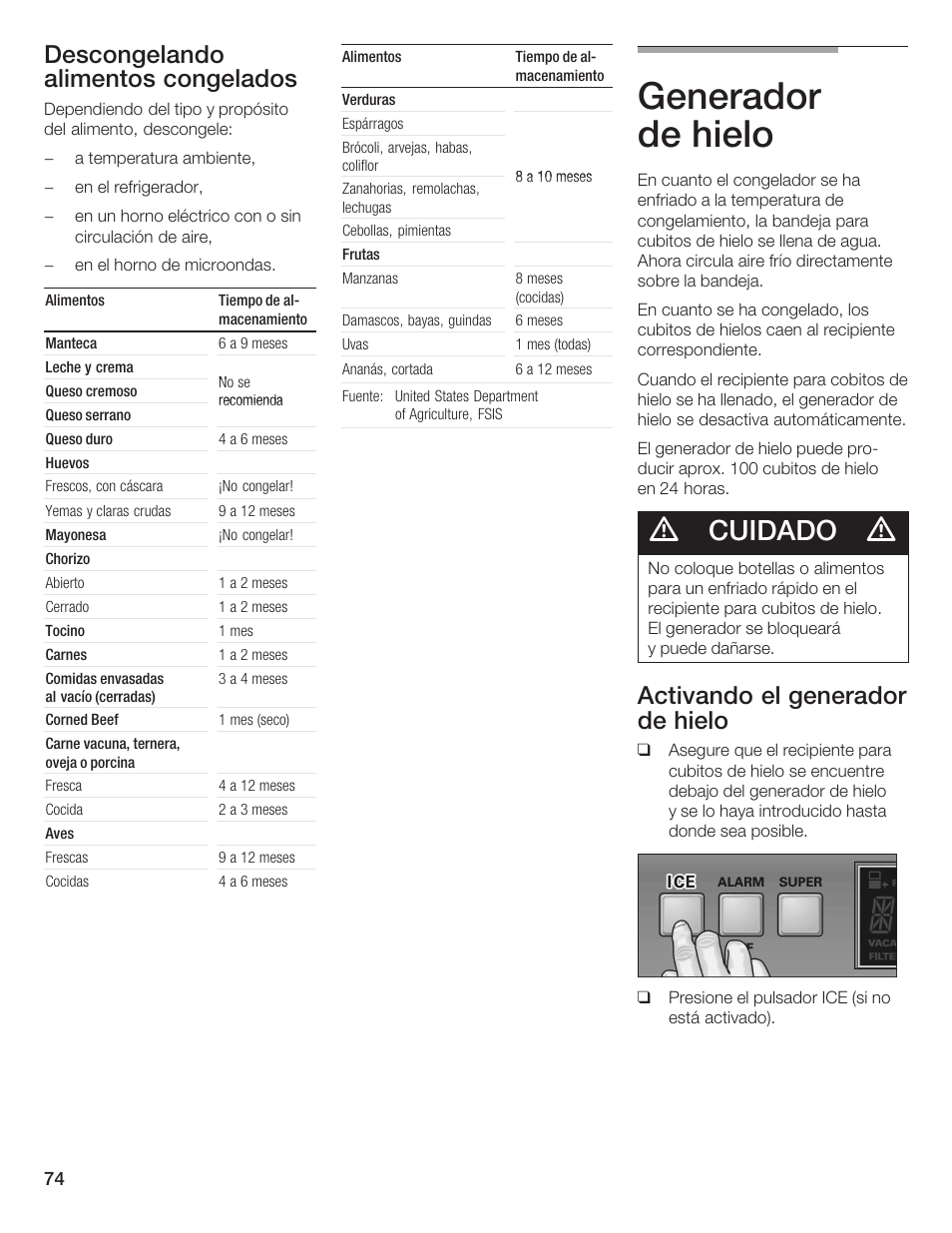 Generador de hielo, Cuidado, Descongelando alimentos congelados | Activando el generador de hielo | Thermador BOTTOM FREEZER 9000189698 User Manual | Page 74 / 88