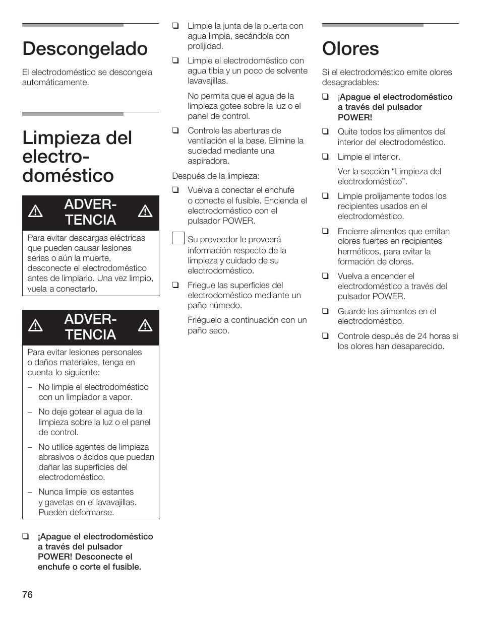 Descongelado, Limpieza del electroć doméstico, Olores | Adverć tencia | Thermador BOTTOM FREEZER 9000189698 User Manual | Page 76 / 88