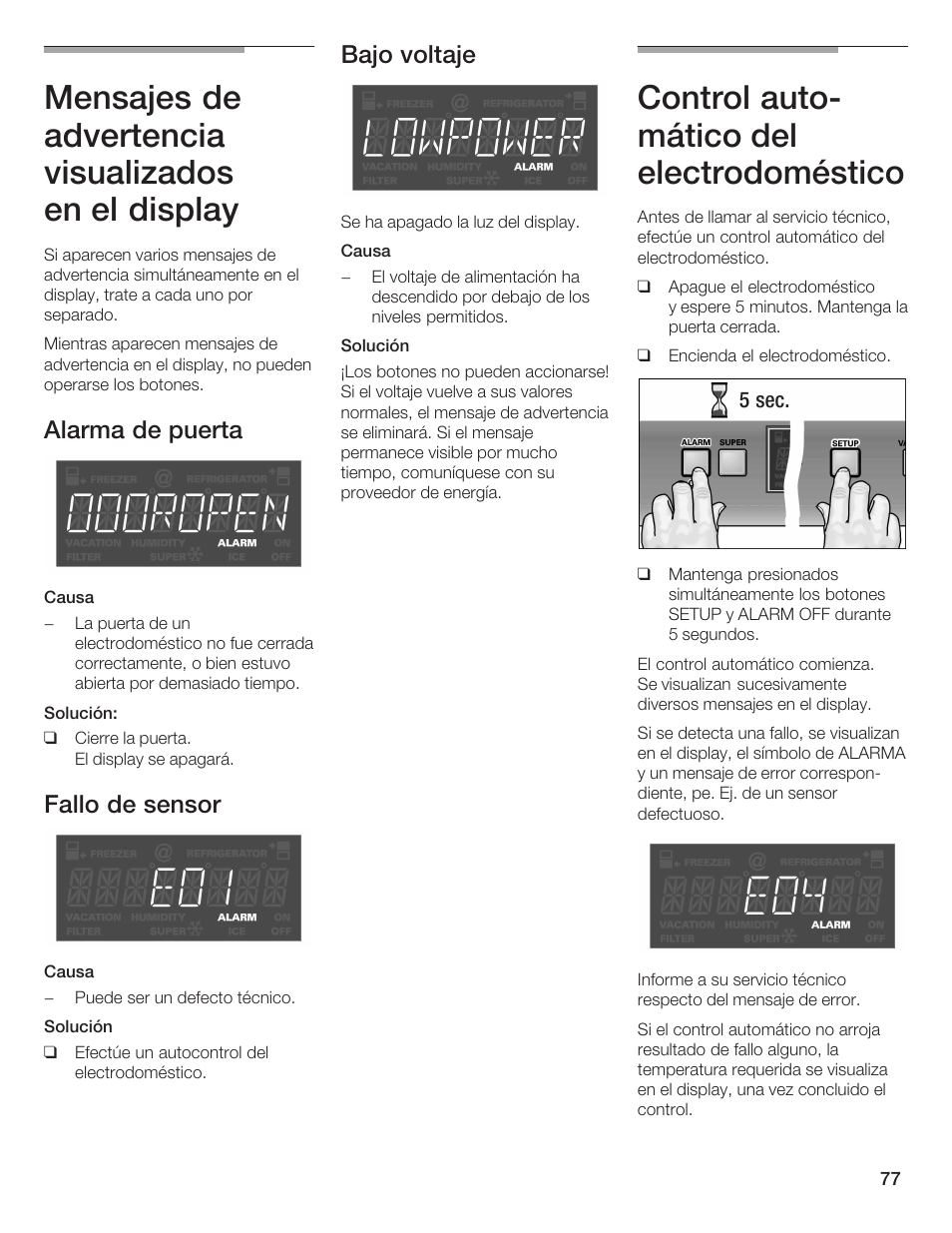 Mensajes de advertencia visualizados en el display, Control autoć mático del electrodoméstico, Alarma de puerta | Fallo de sensor, Bajo voltaje | Thermador BOTTOM FREEZER 9000189698 User Manual | Page 77 / 88