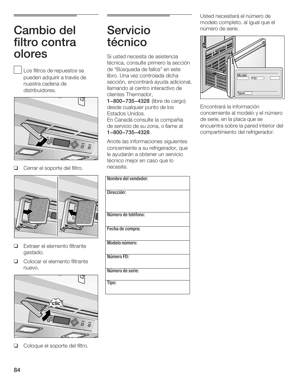 Cambio del filtro contra olores, Servicio técnico | Thermador BOTTOM FREEZER 9000189698 User Manual | Page 84 / 88