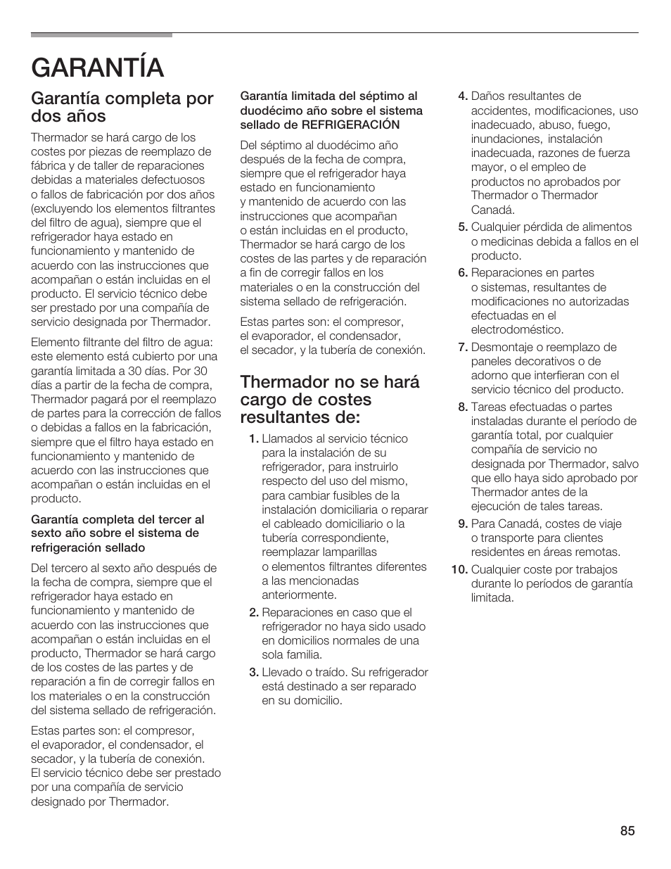 Garantía, Garantía completa por dos años | Thermador BOTTOM FREEZER 9000189698 User Manual | Page 85 / 88