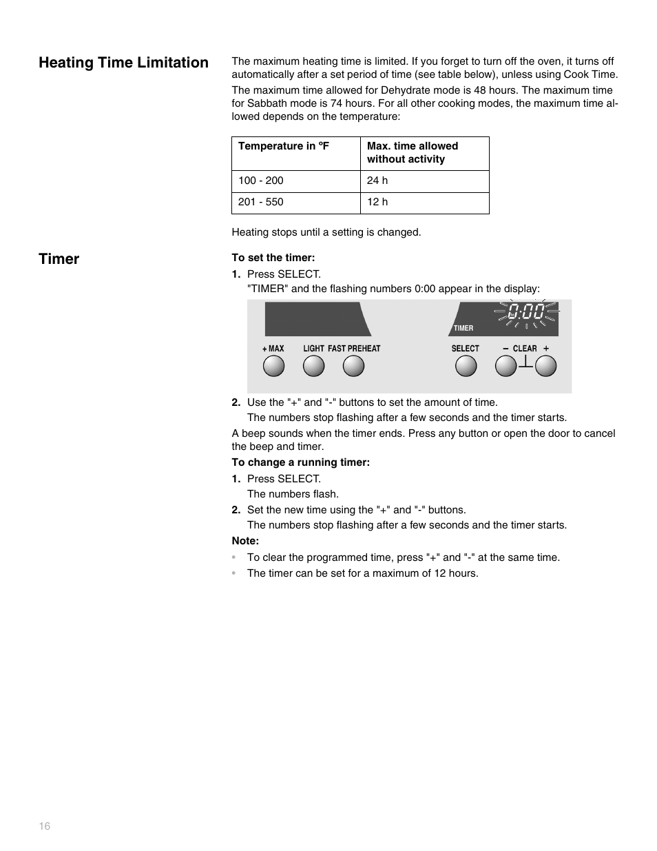 Heating time limitation, Timer, Press select | Set the new time using the "+" and "-" buttons | Thermador PODC302 User Manual | Page 16 / 48