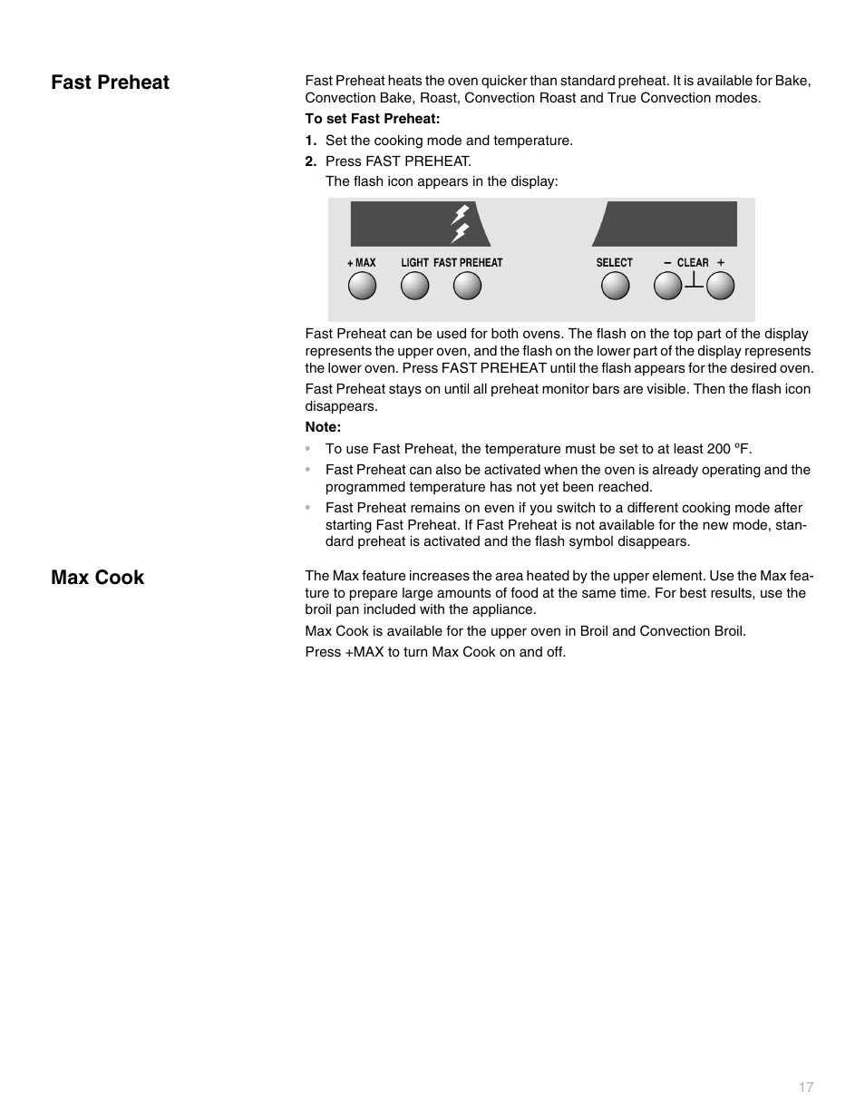 Fast preheat, Set the cooking mode and temperature, Press fast preheat | Max cook | Thermador PODC302 User Manual | Page 17 / 48