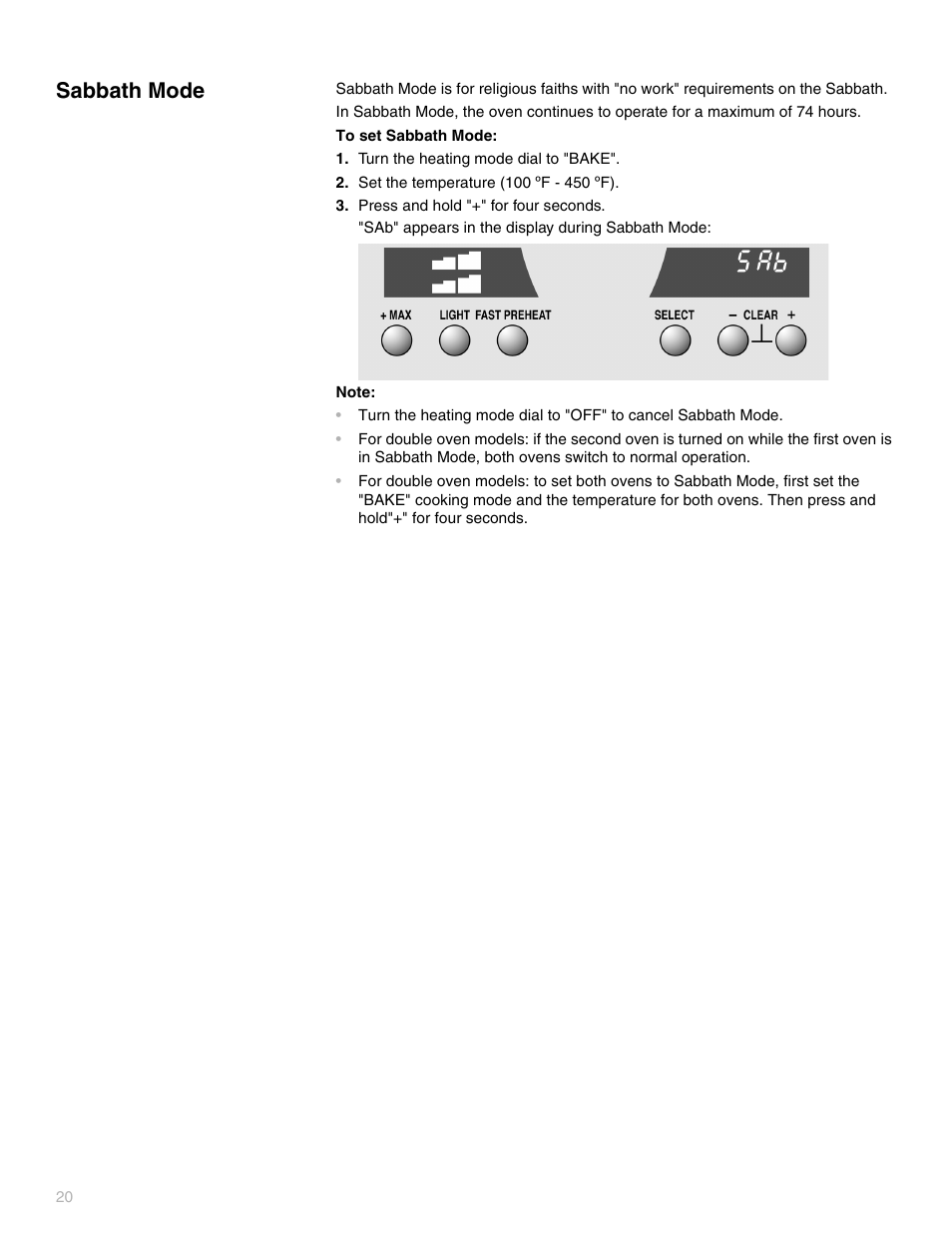 Sabbath mode | Thermador PODC302 User Manual | Page 20 / 48