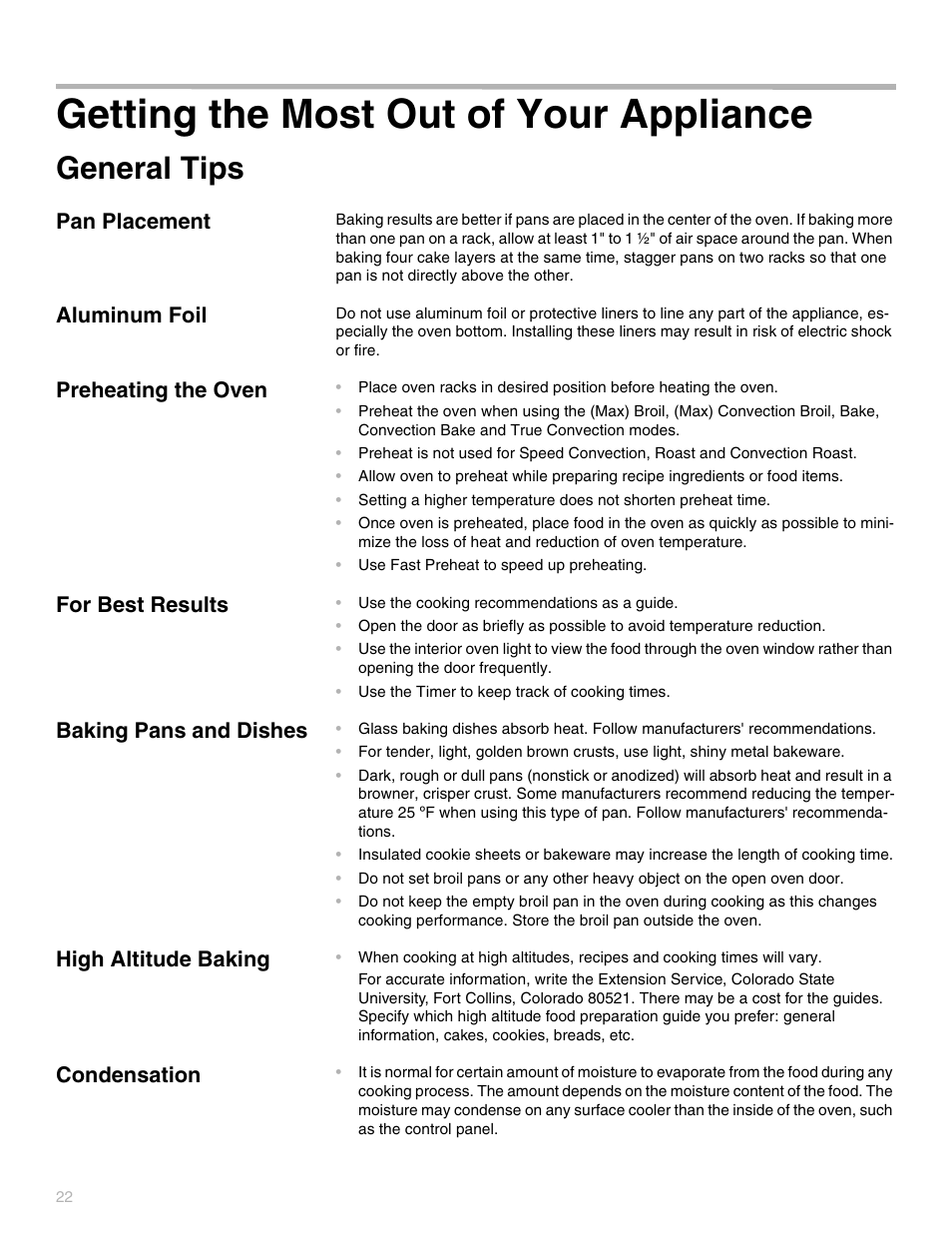 Getting the most out of your appliance, General tips, Pan placement | Aluminum foil, Preheating the oven, For best results, Baking pans and dishes, High altitude baking, Condensation | Thermador PODC302 User Manual | Page 22 / 48