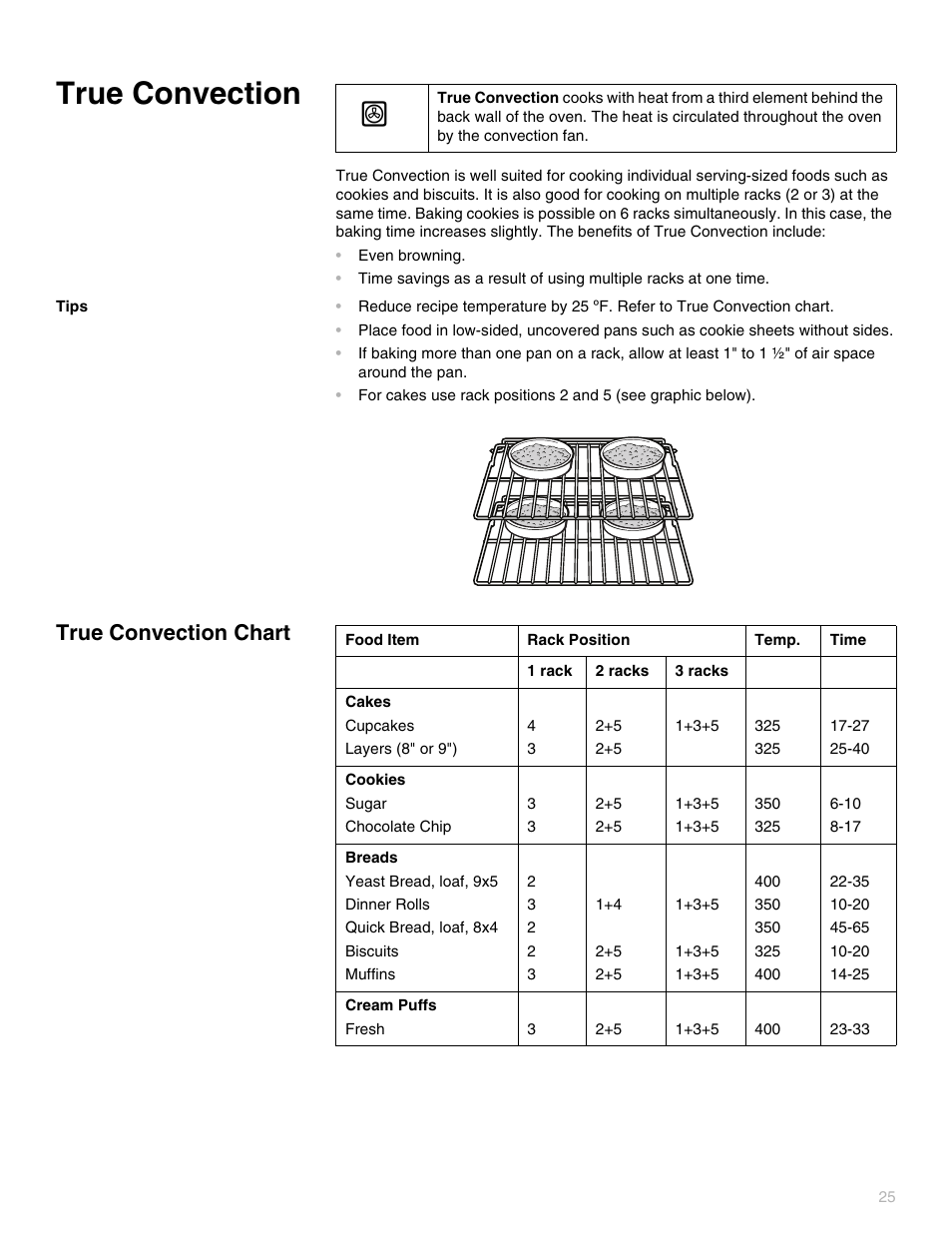 True convection, Tips, True convection chart | Thermador PODC302 User Manual | Page 25 / 48