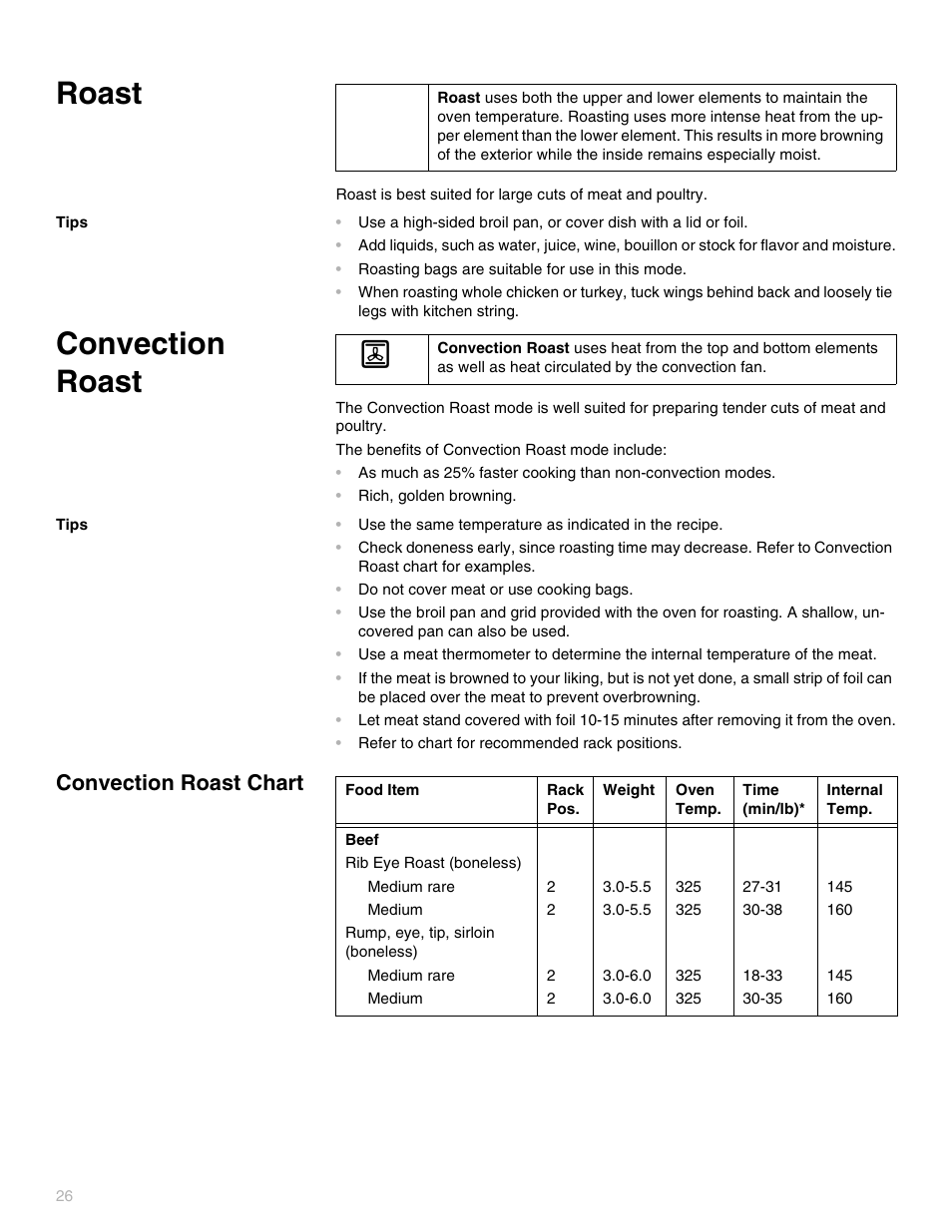 Roast, Tips, Convection roast | Convection roast chart | Thermador PODC302 User Manual | Page 26 / 48