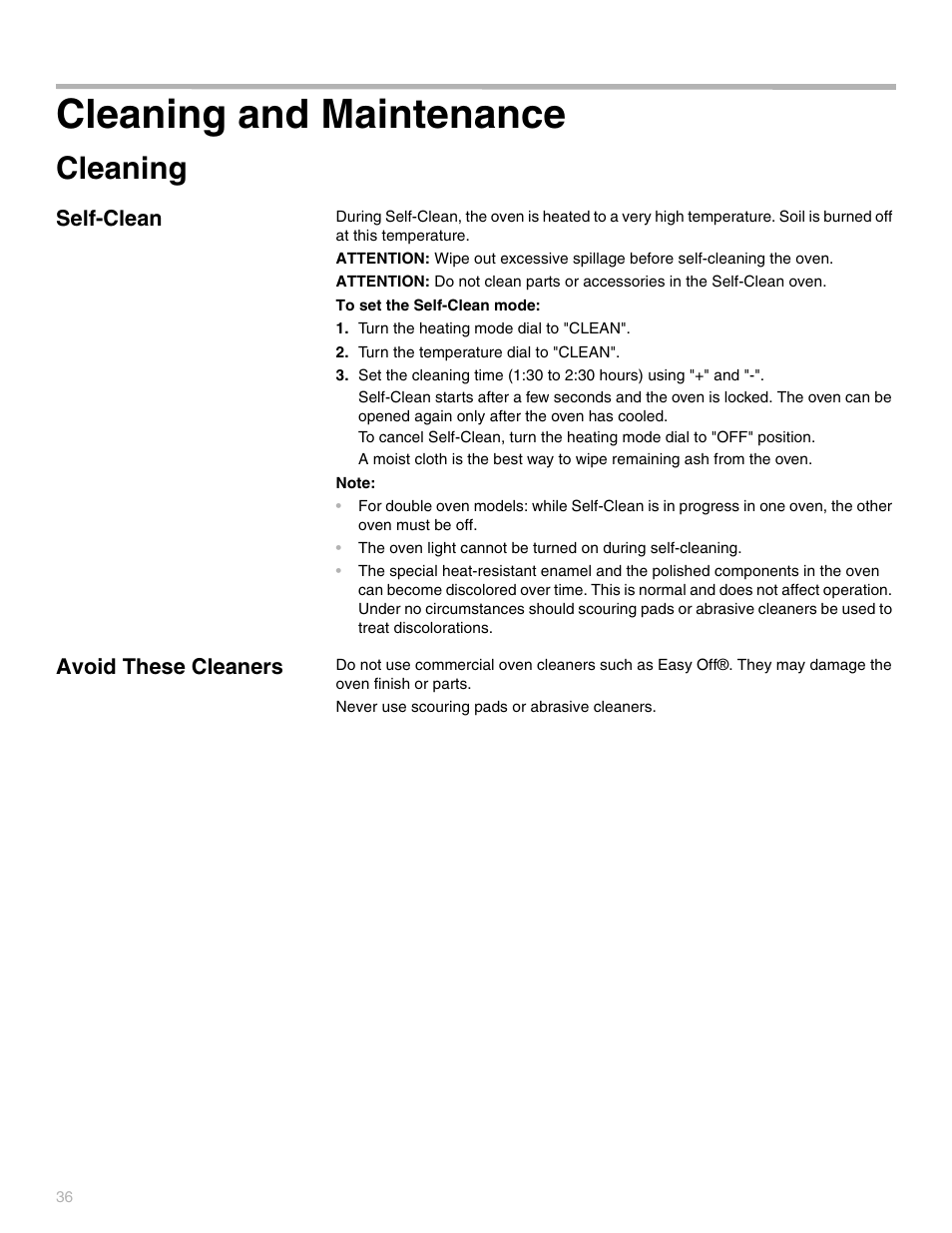 Cleaning, Self-clean, Avoid these cleaners | Cleaning and maintenance | Thermador PODC302 User Manual | Page 36 / 48