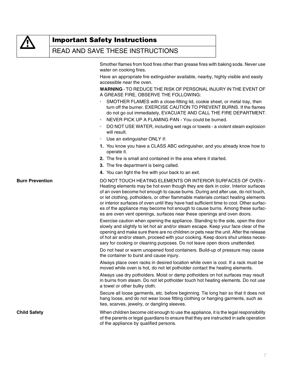 The fire department is being called, You can fight the fire with your back to an exit, Burn prevention | Child safety | Thermador PODC302 User Manual | Page 7 / 48