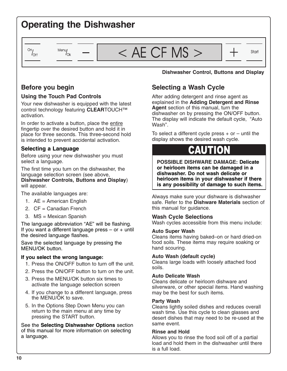 Caution, Operating the dishwasher | Thermador DWHD94BF User Manual | Page 12 / 28