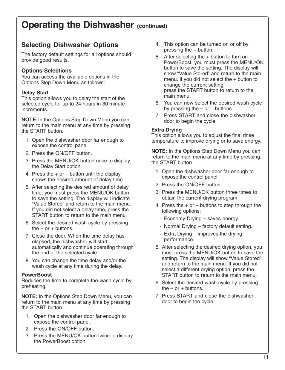 Operating the dishwasher, Selecting dishwasher options | Thermador DWHD94BF User Manual | Page 13 / 28