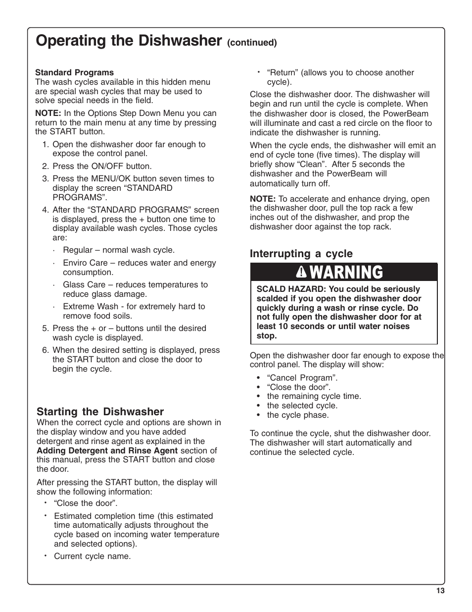 Warning, Operating the dishwasher | Thermador DWHD94BF User Manual | Page 15 / 28