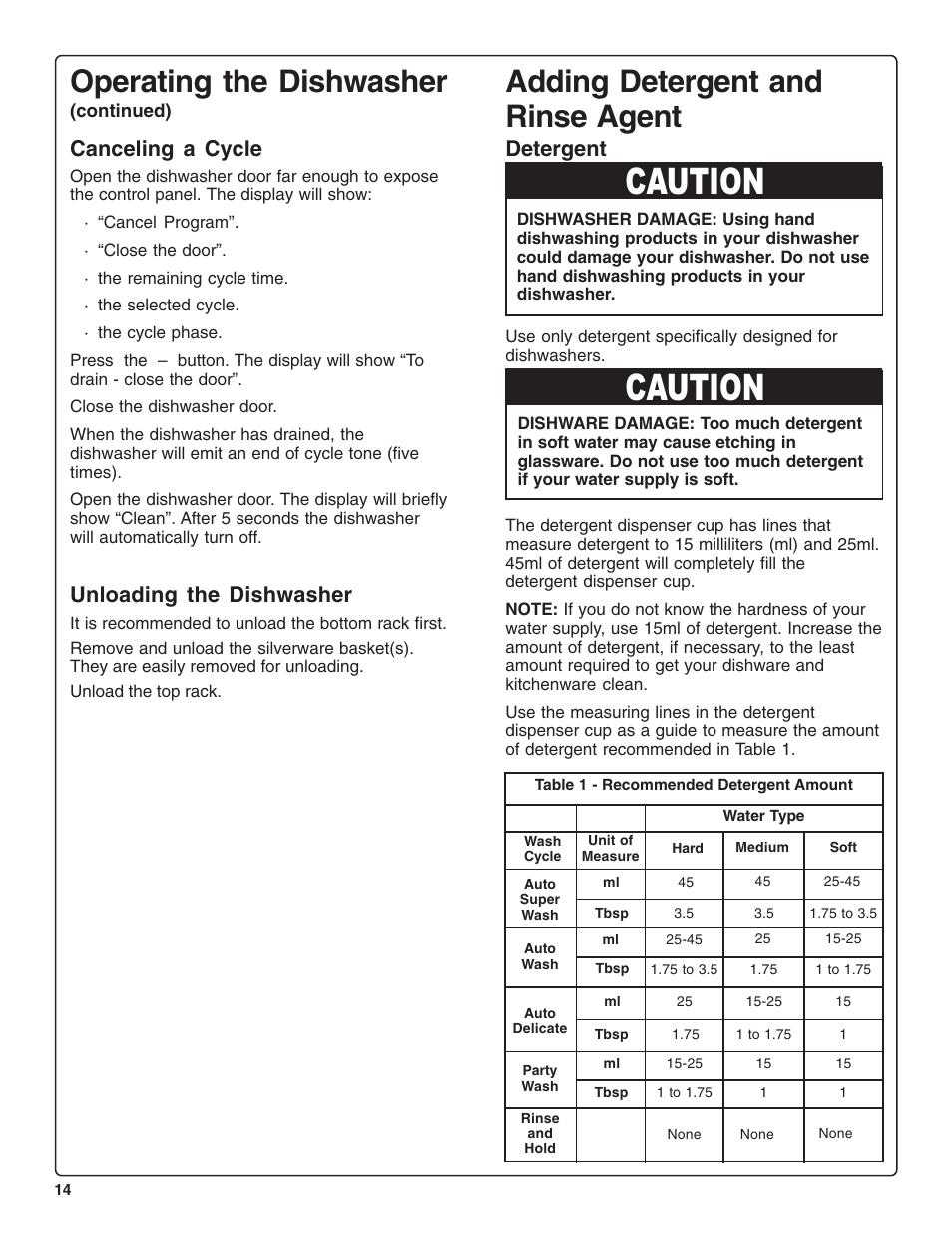 Caution, Operating the dishwasher, Adding detergent and rinse agent | Canceling a cycle, Unloading the dishwasher, Detergent | Thermador DWHD94BF User Manual | Page 16 / 28