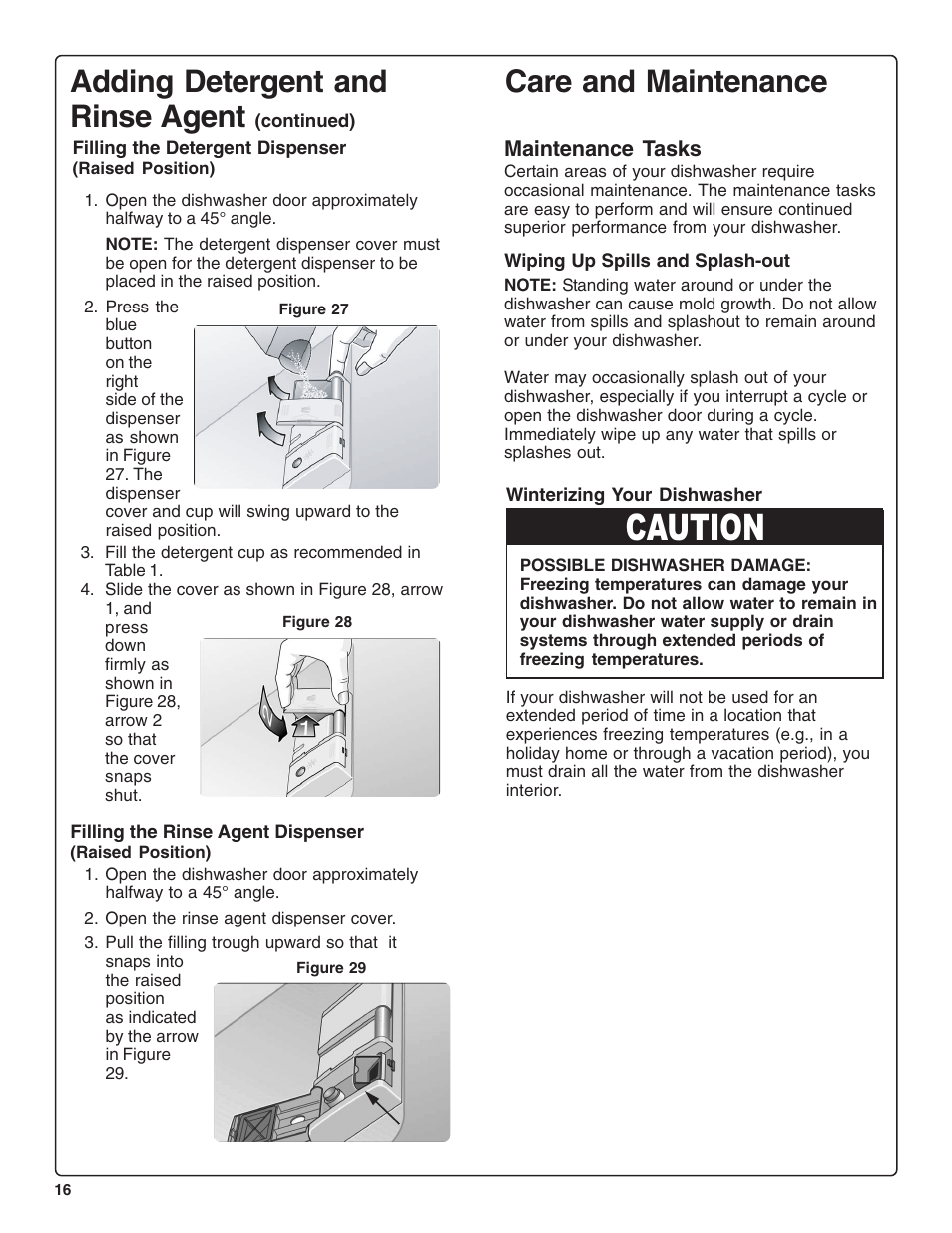 Caution, Adding detergent and rinse agent, Care and maintenance | Thermador DWHD94BF User Manual | Page 18 / 28