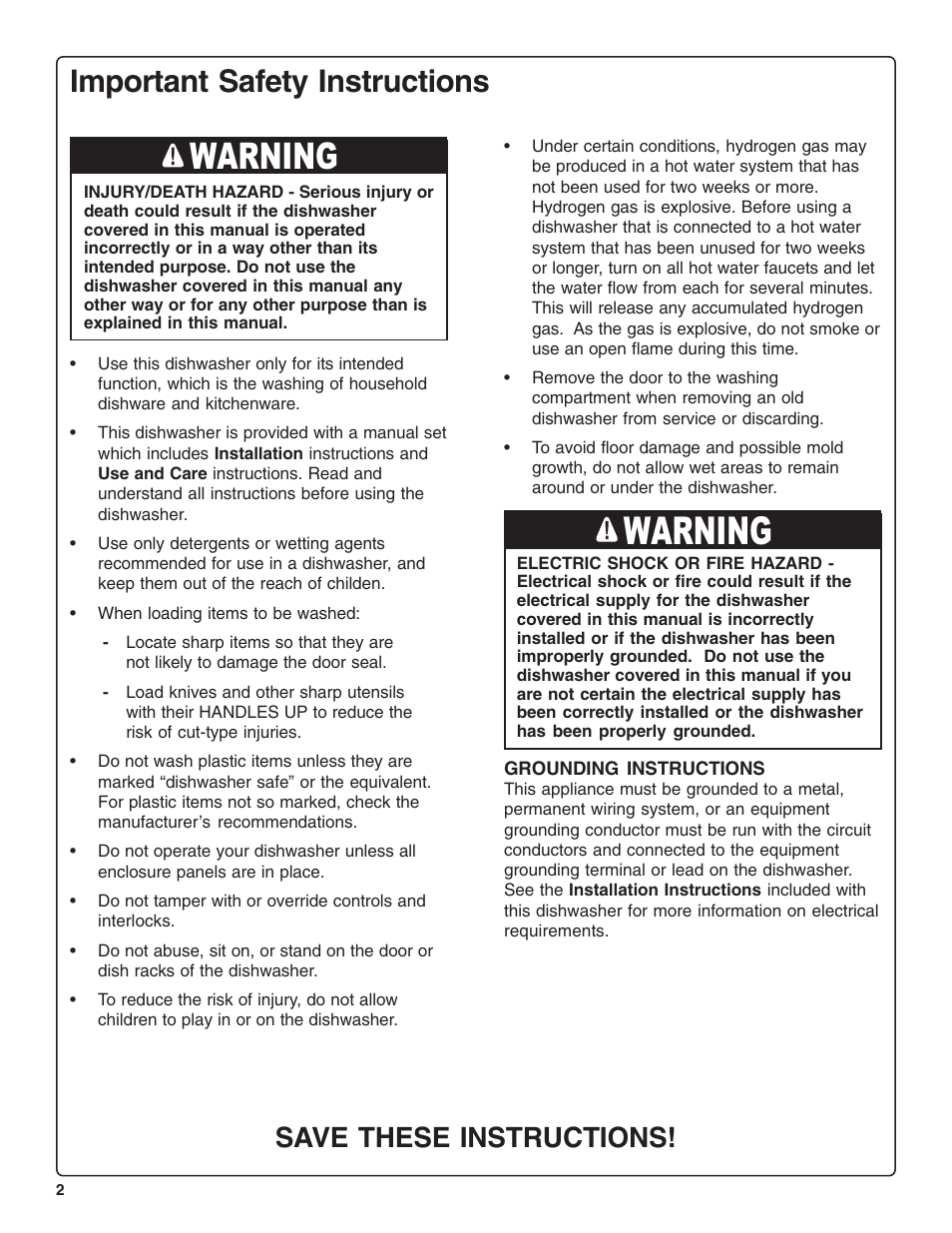 Warning, Important safety instructions, Save these instructions | Thermador DWHD94BF User Manual | Page 4 / 28