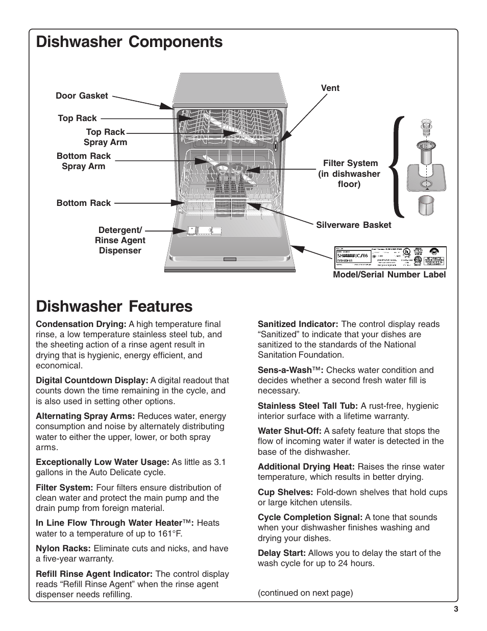 Dishwasher components, Dishwasher features | Thermador DWHD94BF User Manual | Page 5 / 28