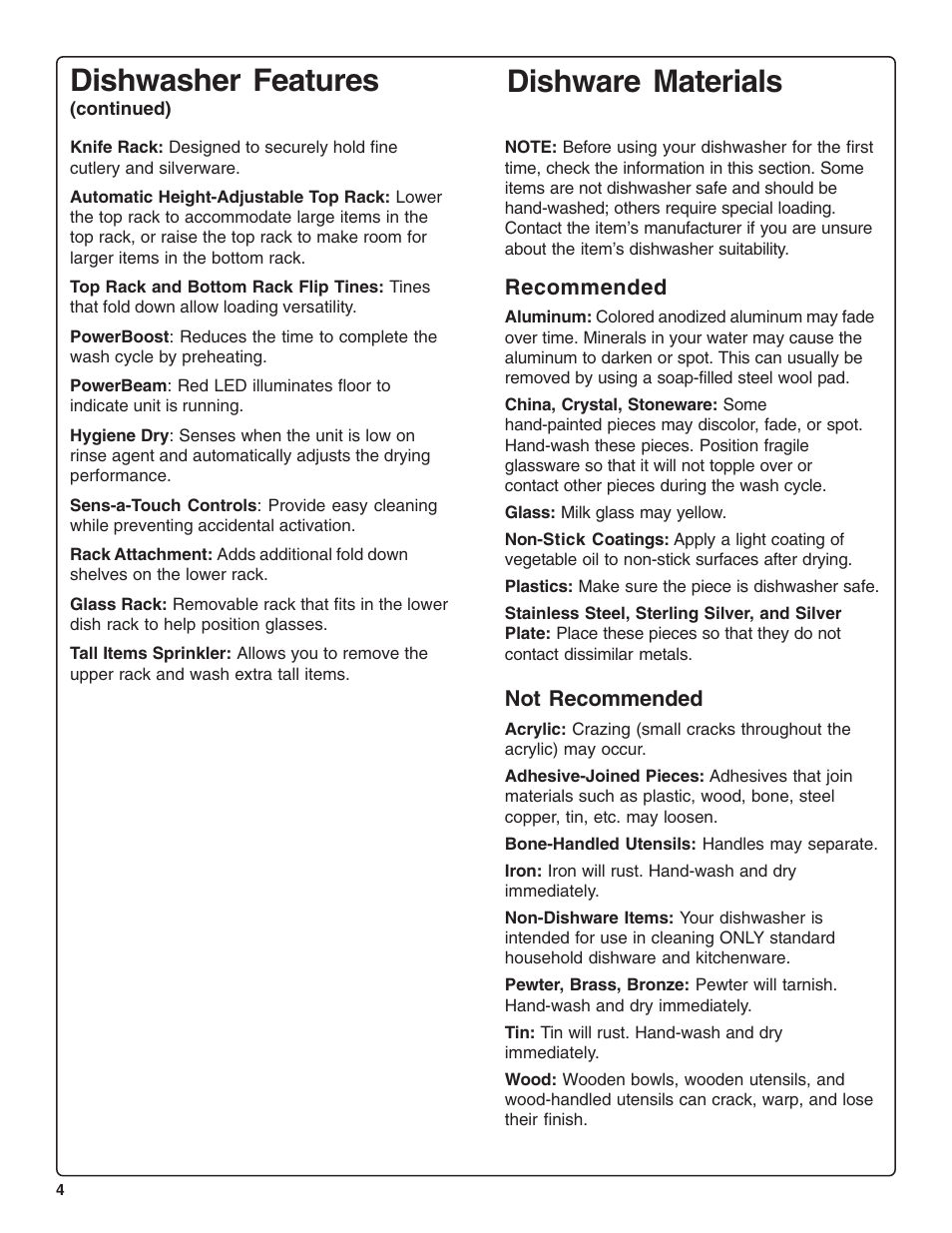 Dishware materials, Dishwasher features | Thermador DWHD94BF User Manual | Page 6 / 28