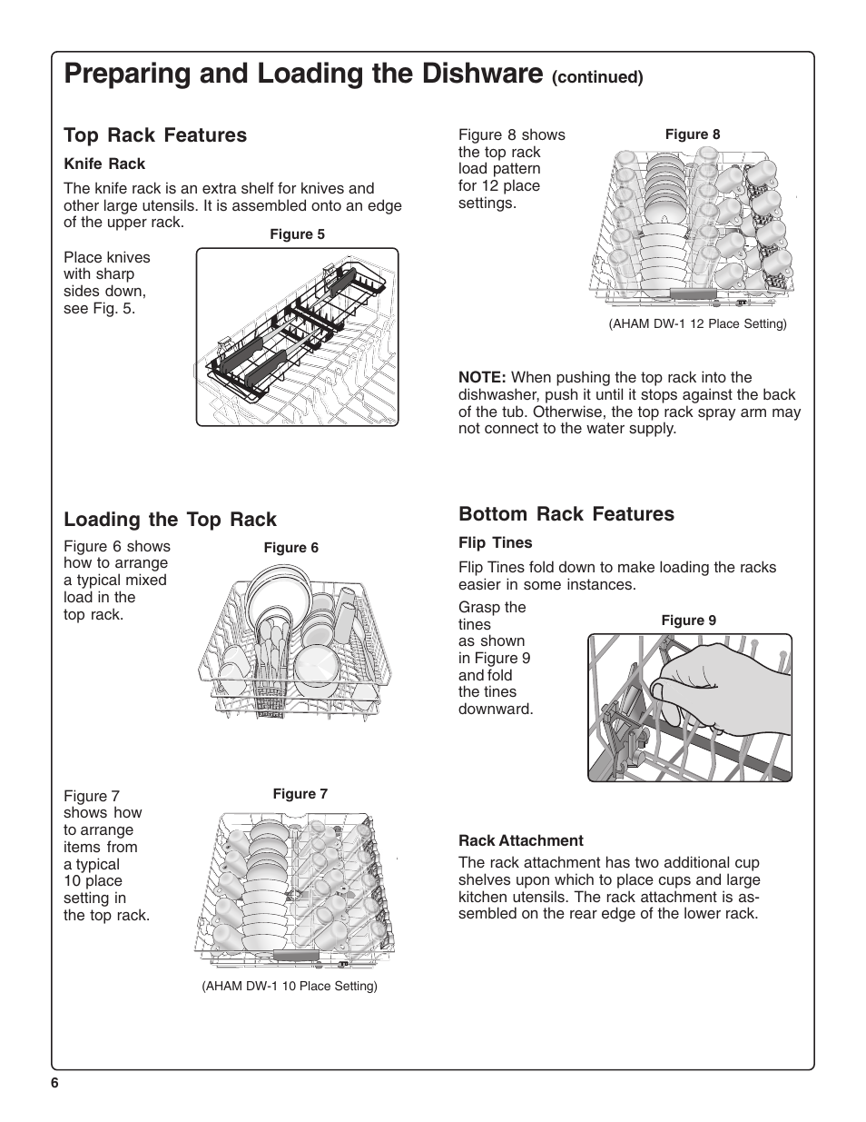 Preparing and loading the dishware, Loading the top rack, Bottom rack features | Top rack features | Thermador DWHD94BF User Manual | Page 8 / 28