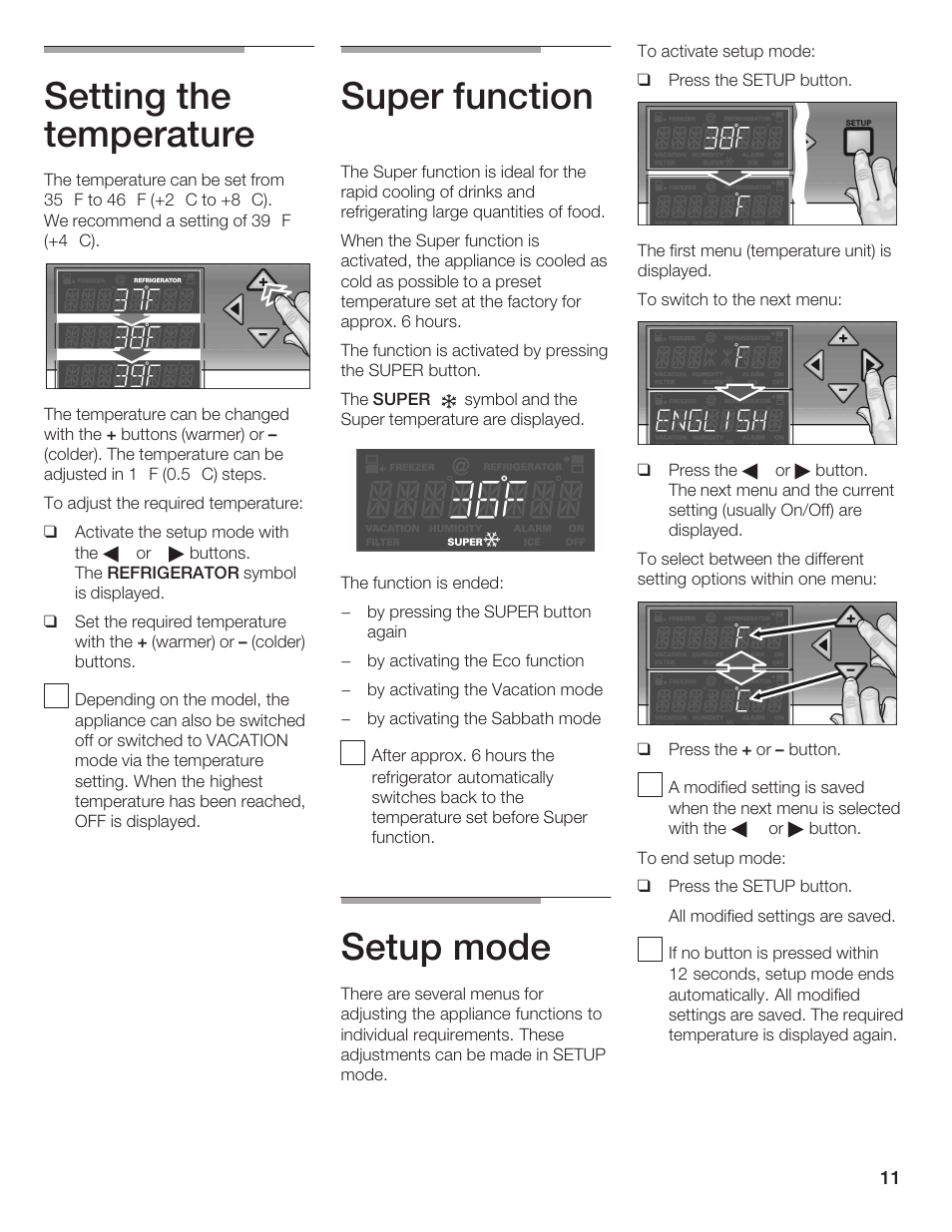 Setting the temperature, Super function, Setup mode | Thermador T24IR User Manual | Page 11 / 64