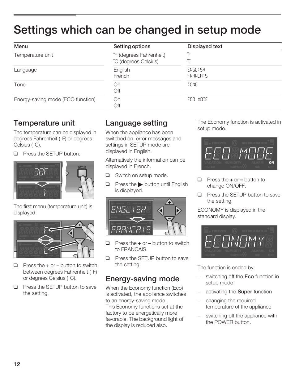 Settings which can be changed in setup mode, Temperature unit, Language setting | Energyćsaving mode | Thermador T24IR User Manual | Page 12 / 64